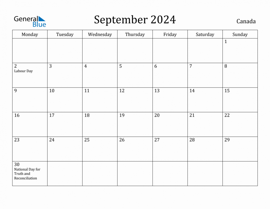 September  - Canada Monthly Calendar with Holidays