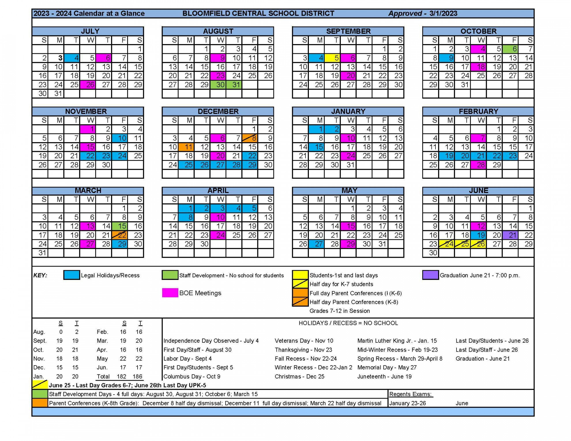 Calendar at a Glance – District – Bloomfield Central School District