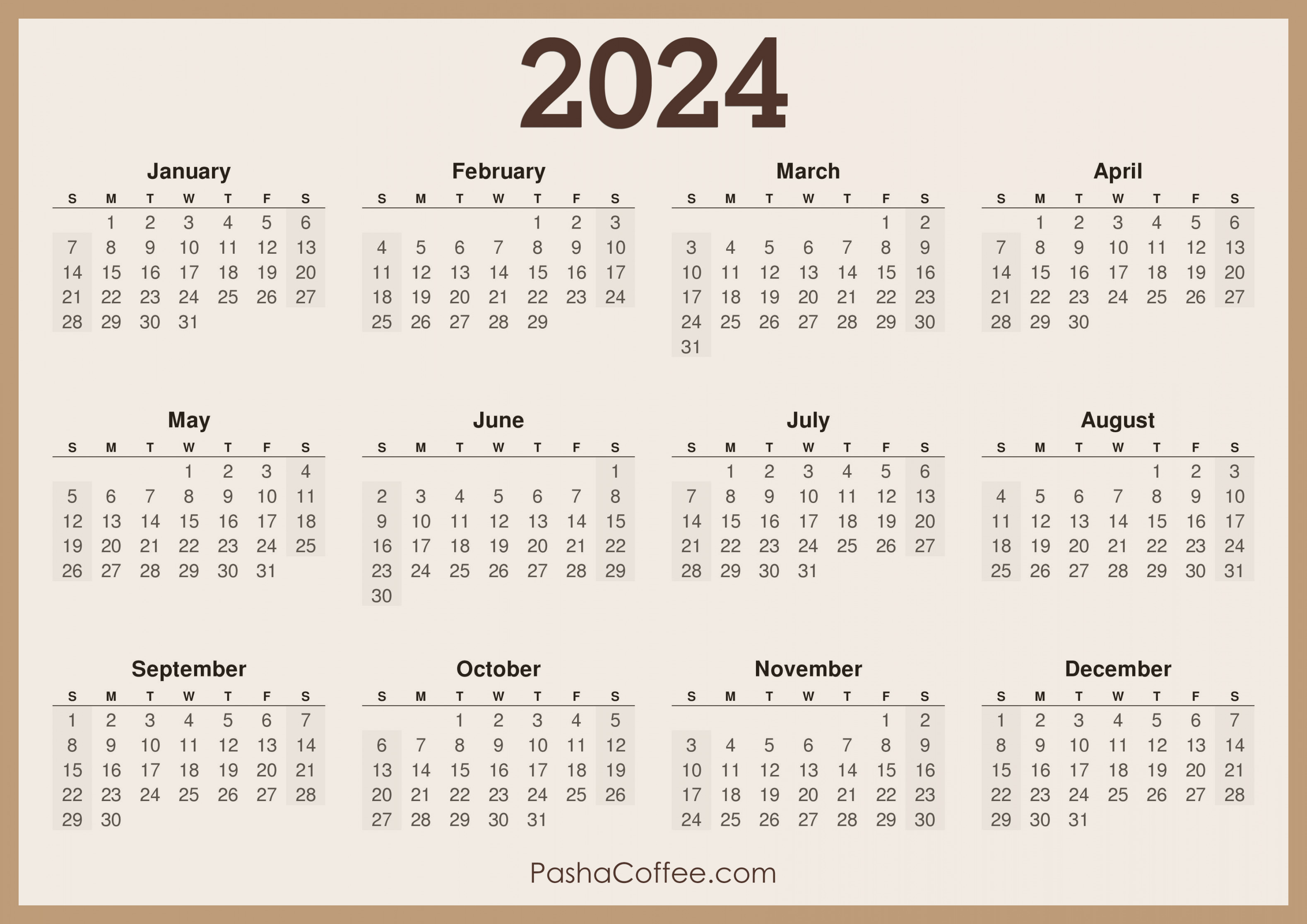 Calendar Printable Free, Horizontal, Beige – PashaCoffee
