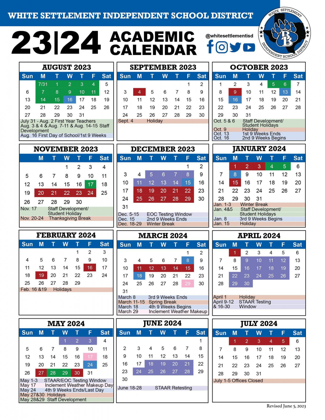 Calendars - Miscellaneous - White Settlement ISD