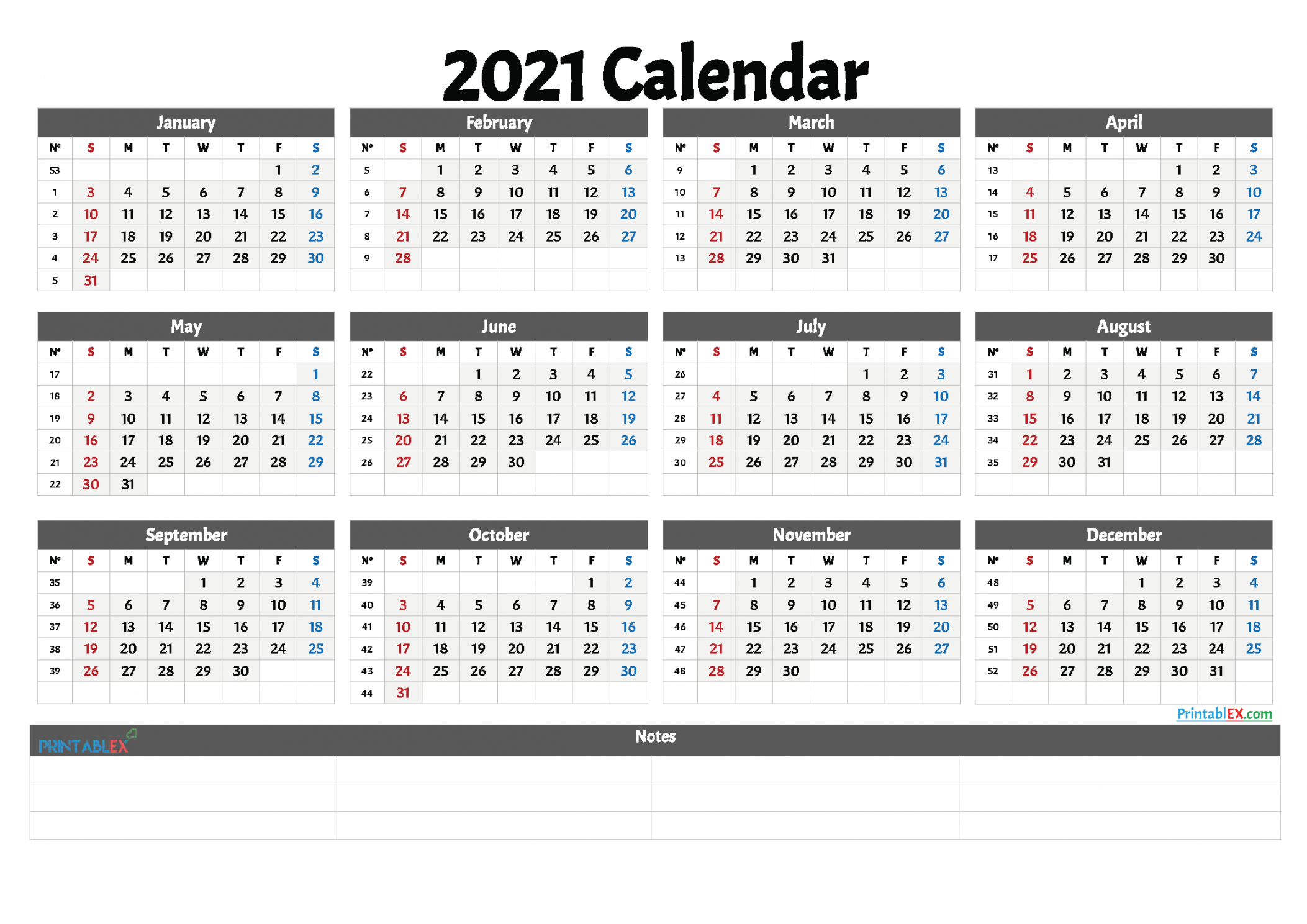 Free Printable Yearly Calendar with Week Numbers – Free