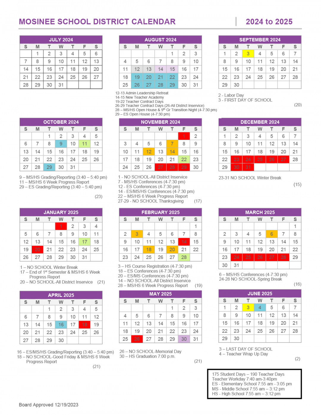 Mosinee School District - Calendars