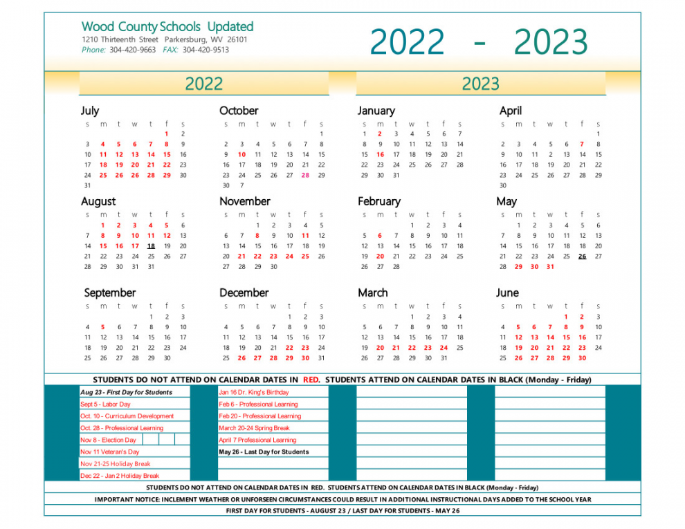 Parent & Caregiver Calendar for - Academic Year  Wood