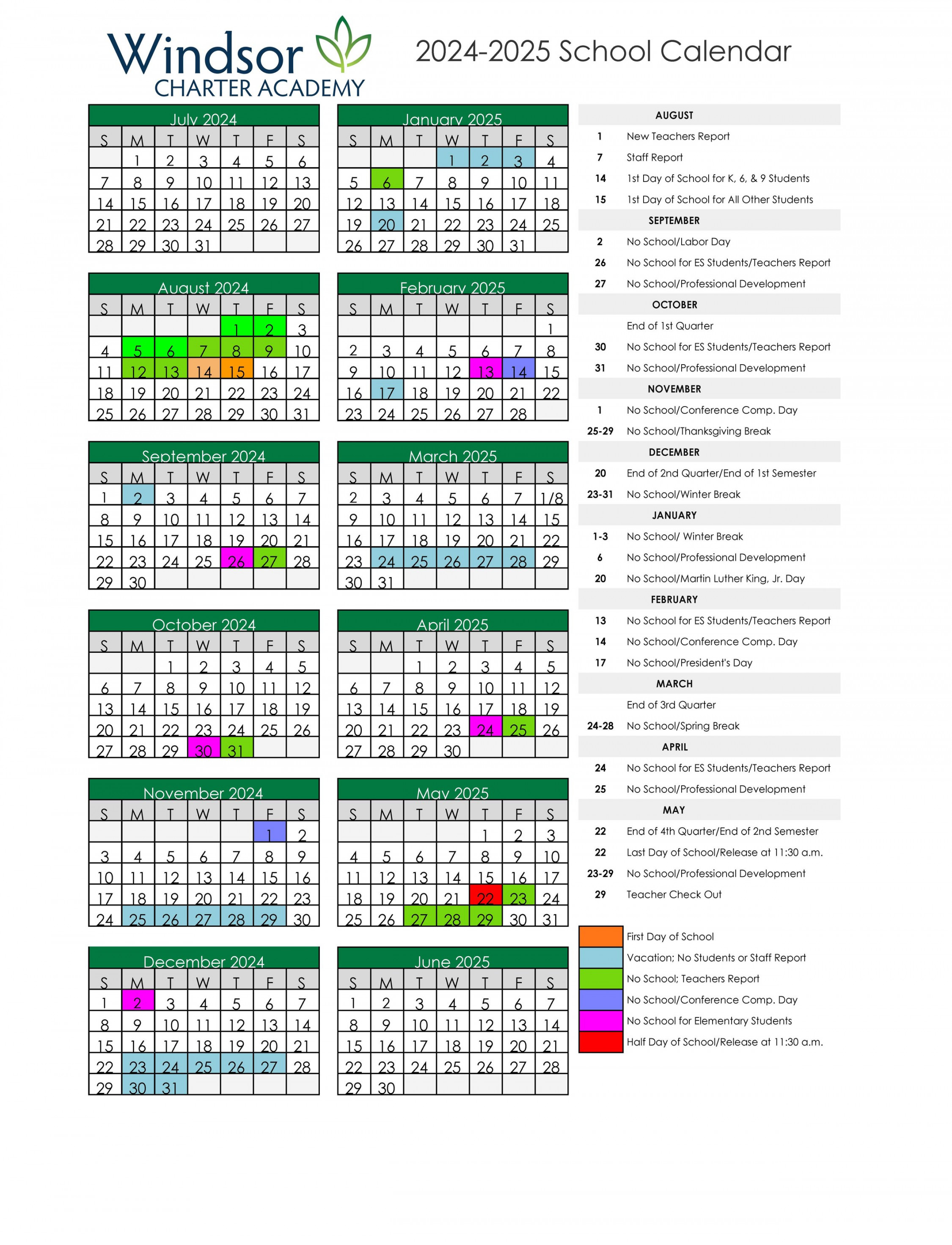 - School Calendar — Windsor Charter Academy