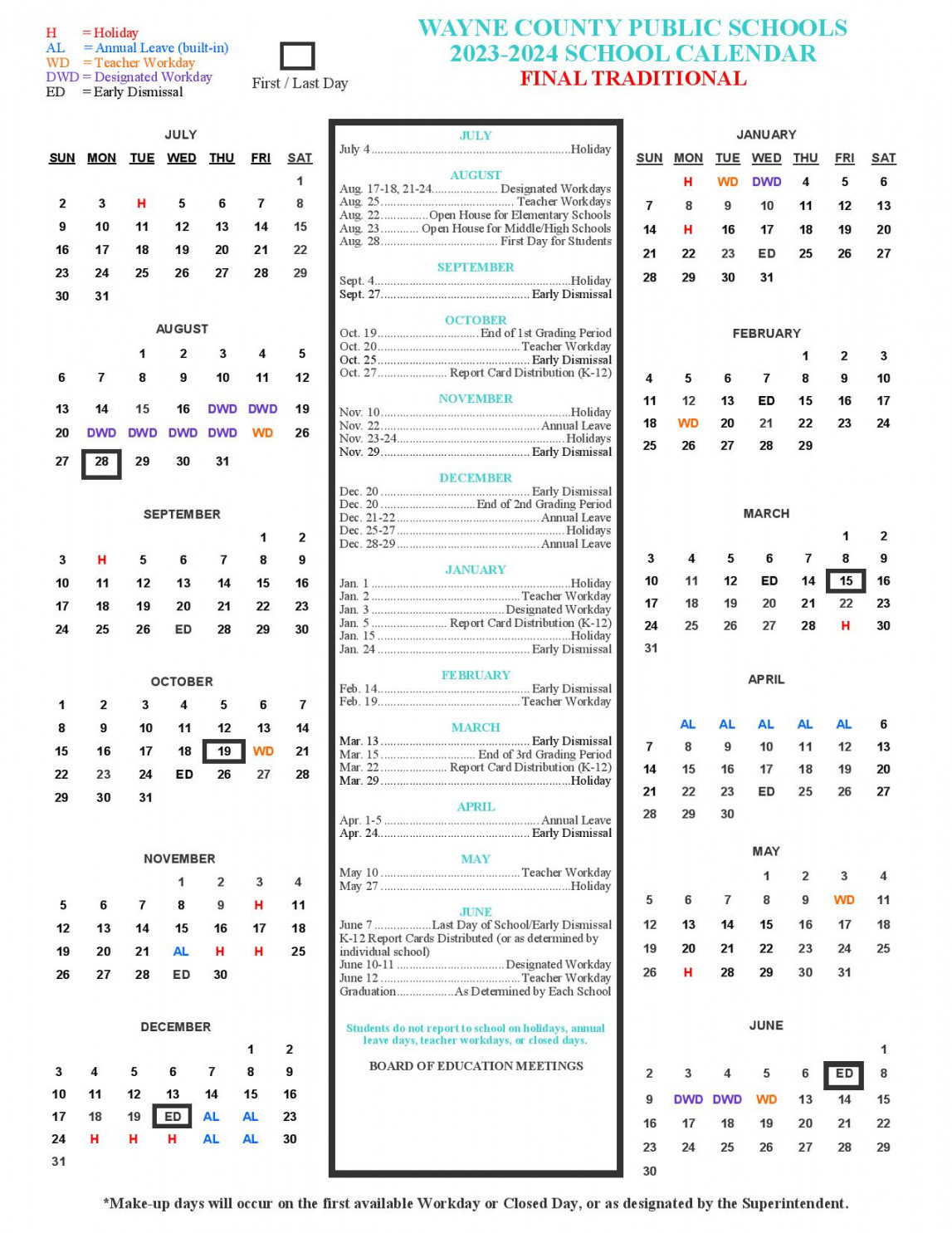 Wayne County Public Schools Calendar - in PDF