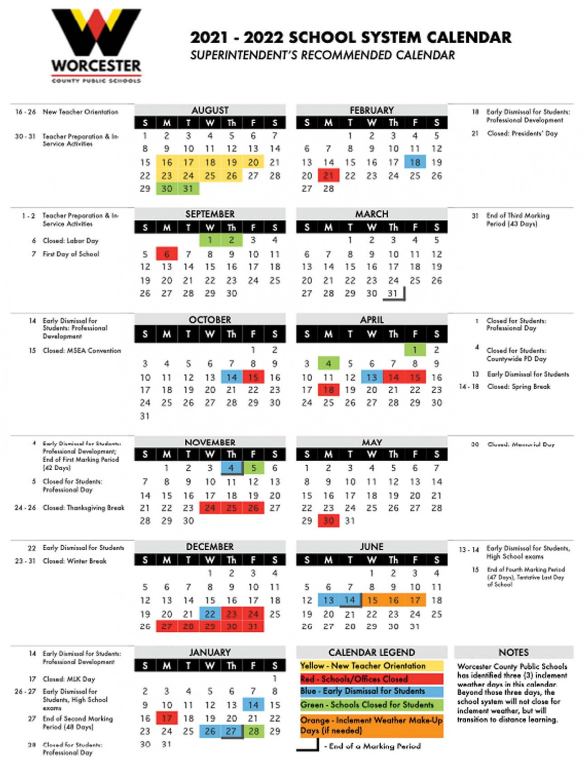 WCPS calendar for - features early summer break - Worcester