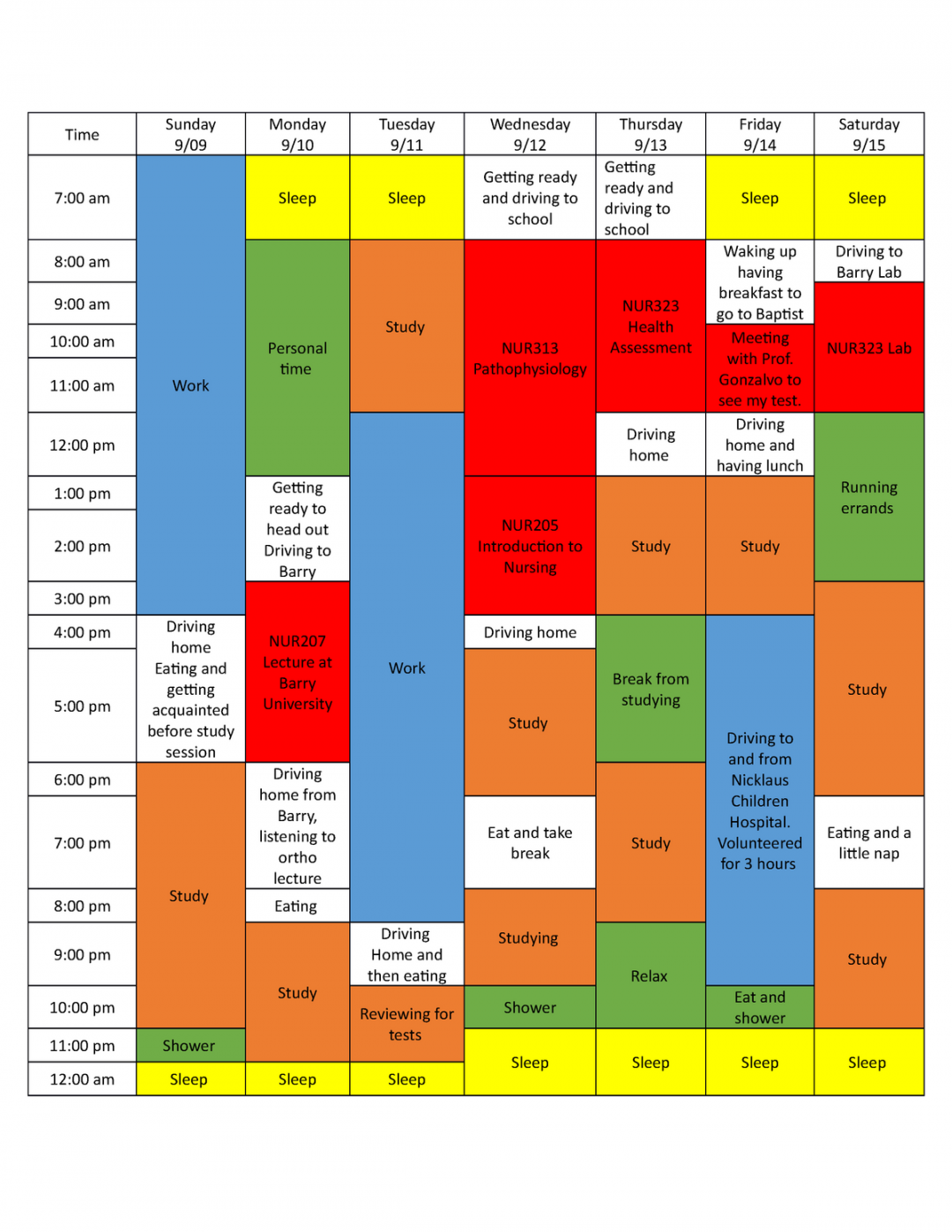 Weekly Calendar sample for meeting up in nursing school -