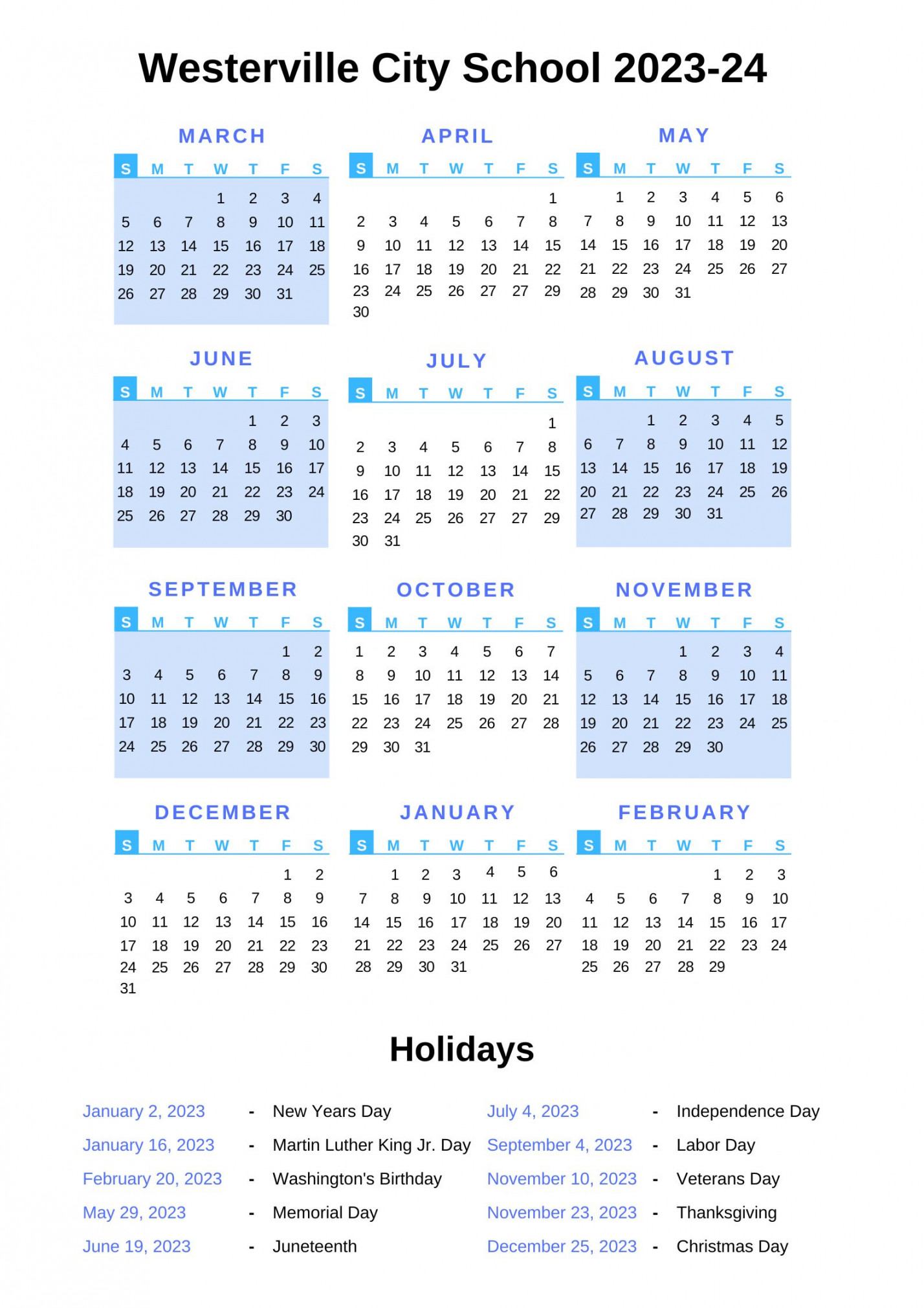Westerville City Schools Calendar - With Holidays