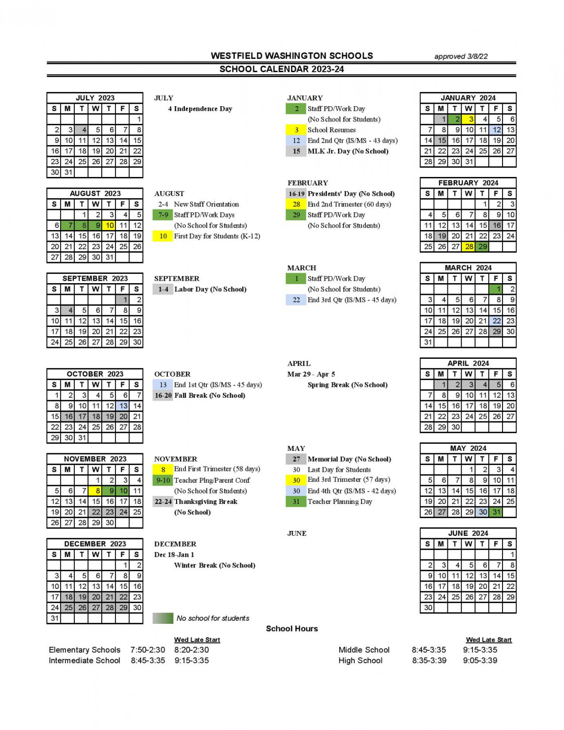 Westfield-Washington Schools Calendar - & Holidays