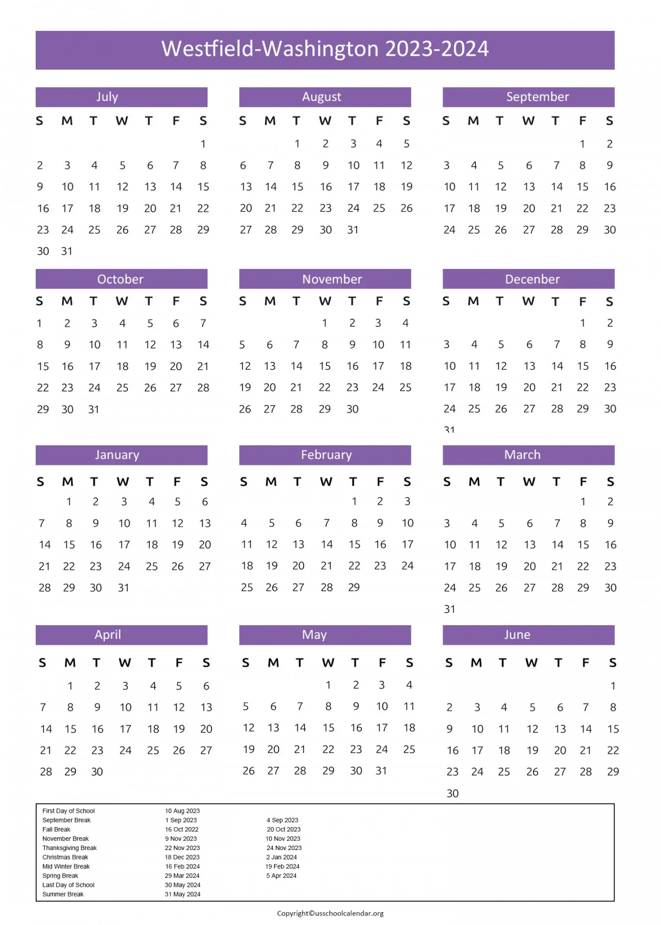 Westfield Washington Schools Calendar with Holidays -
