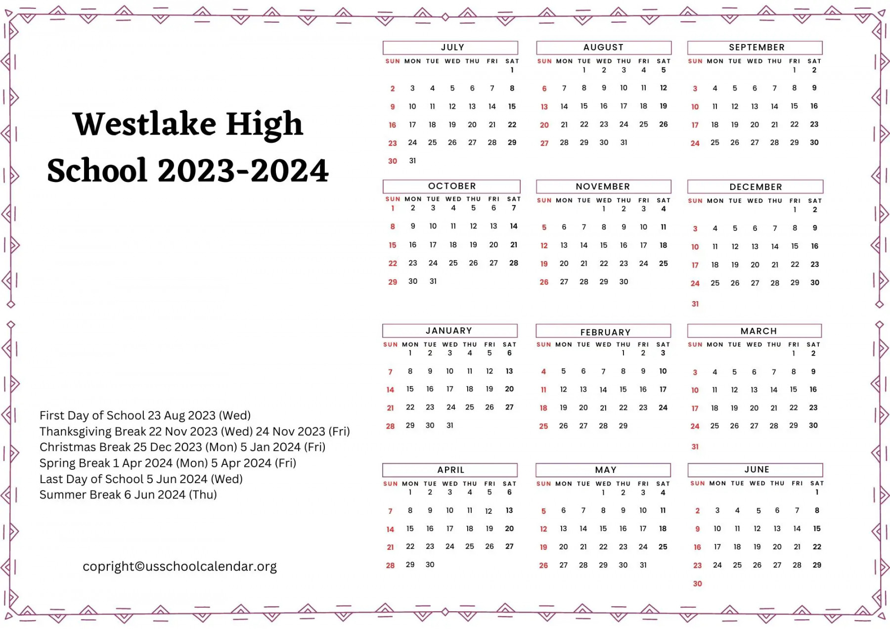 Westlake High School Calendar with Holidays -