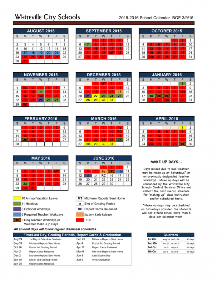 Whiteville City Schools - School Calendar BOE //