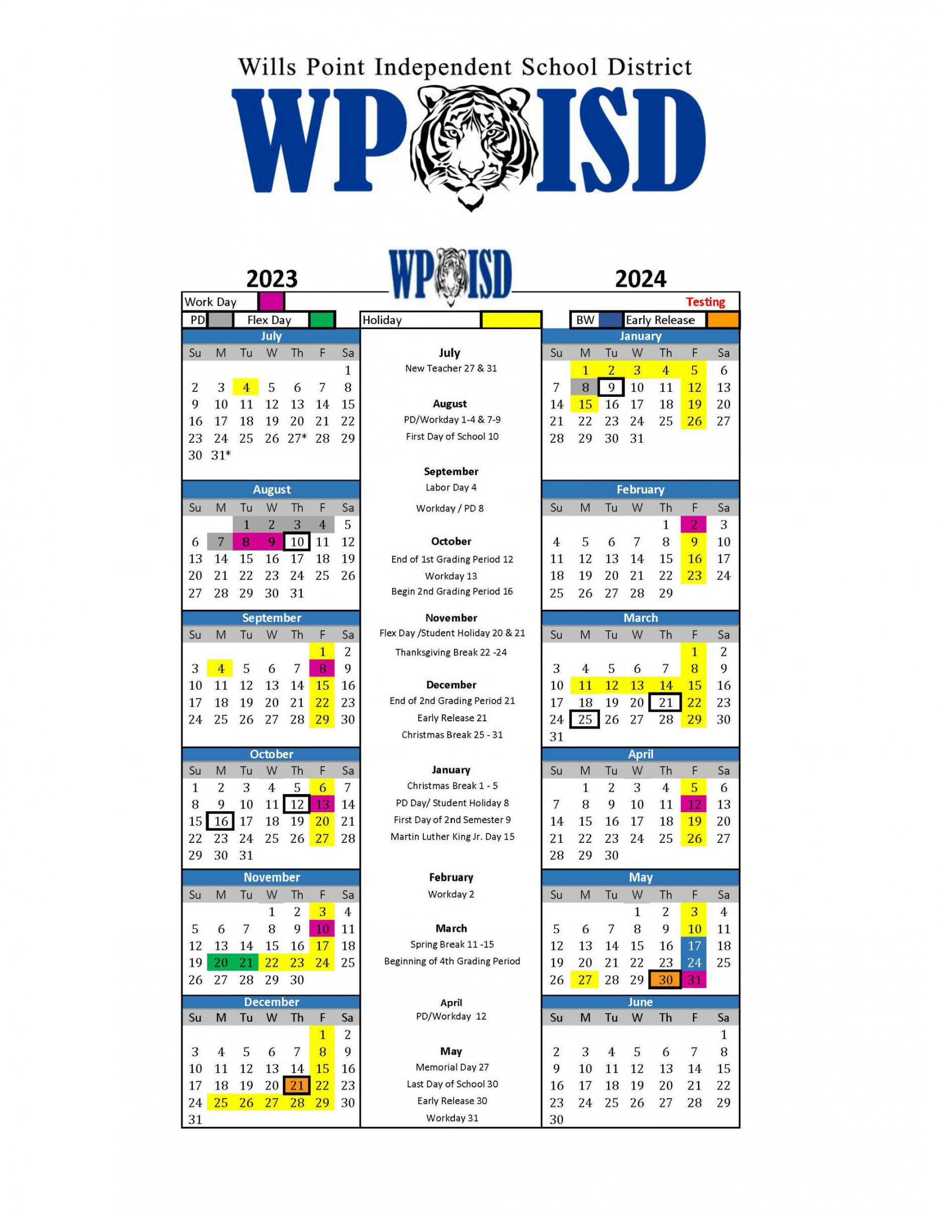 Wills Point Independent School District Calendar