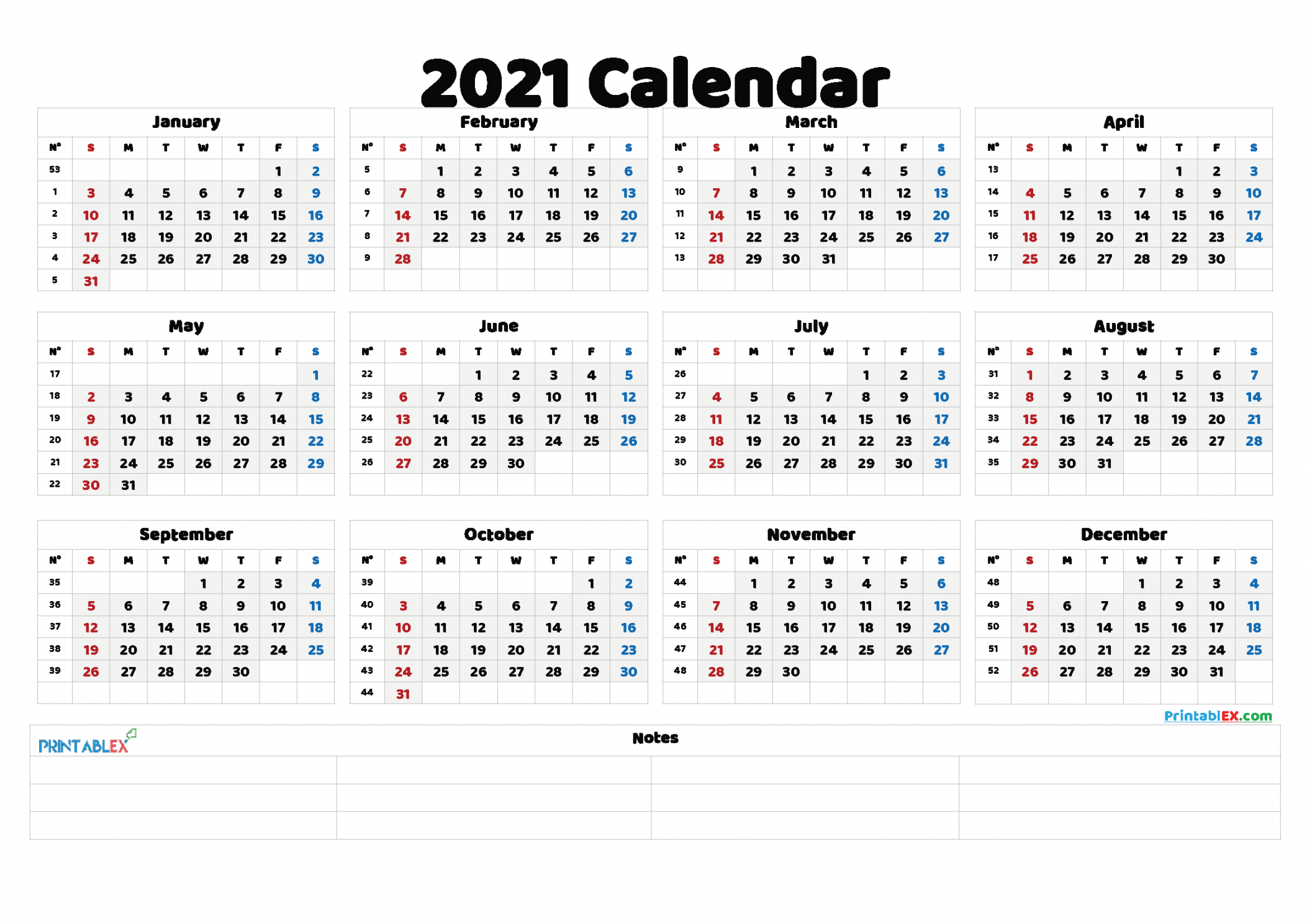 Yearly Calendar with Week Numbers - Printable and Easy to Use