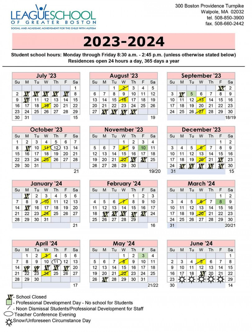 Academic Calendar  League School for Autism  Walpole, MA