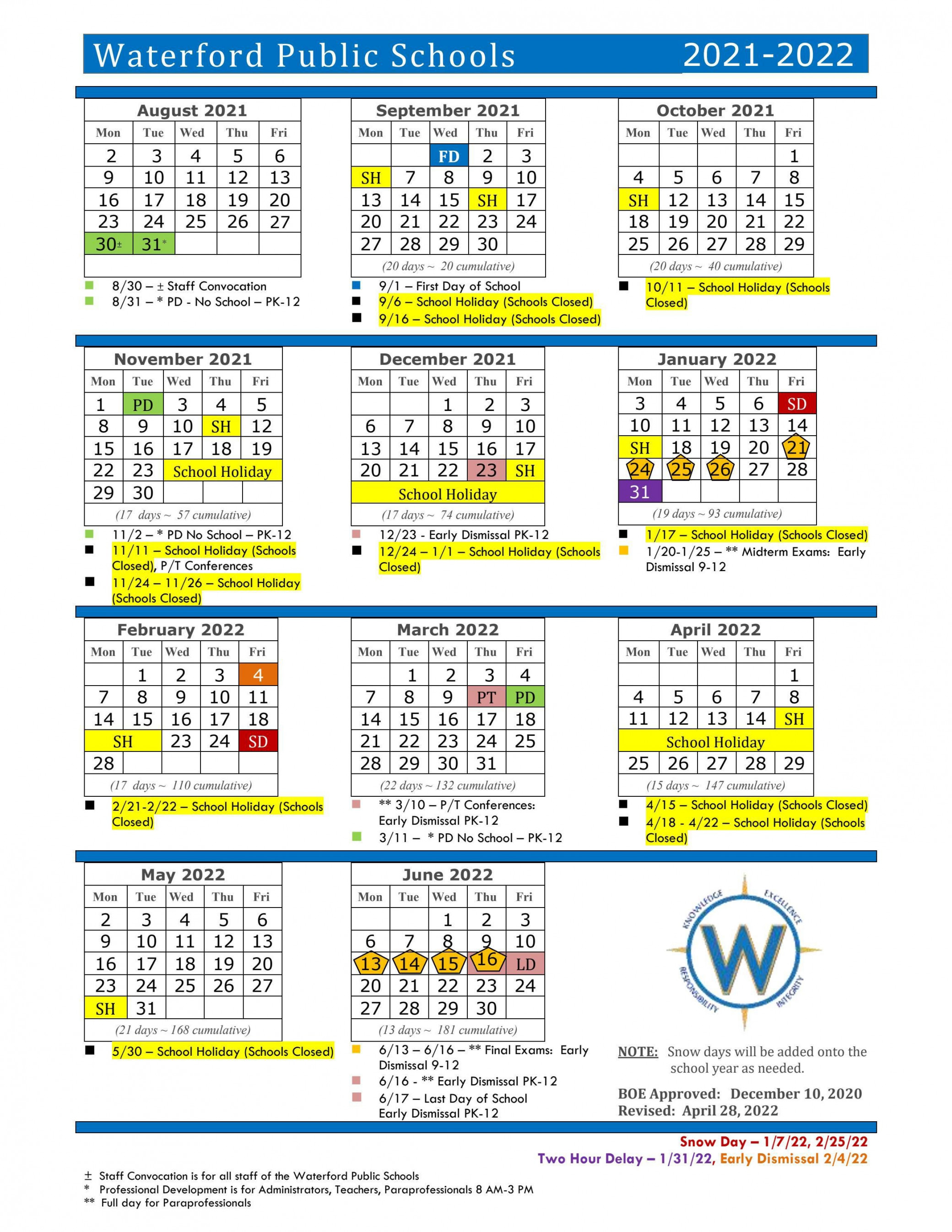 District Calendar - - School Year by Waterford Public