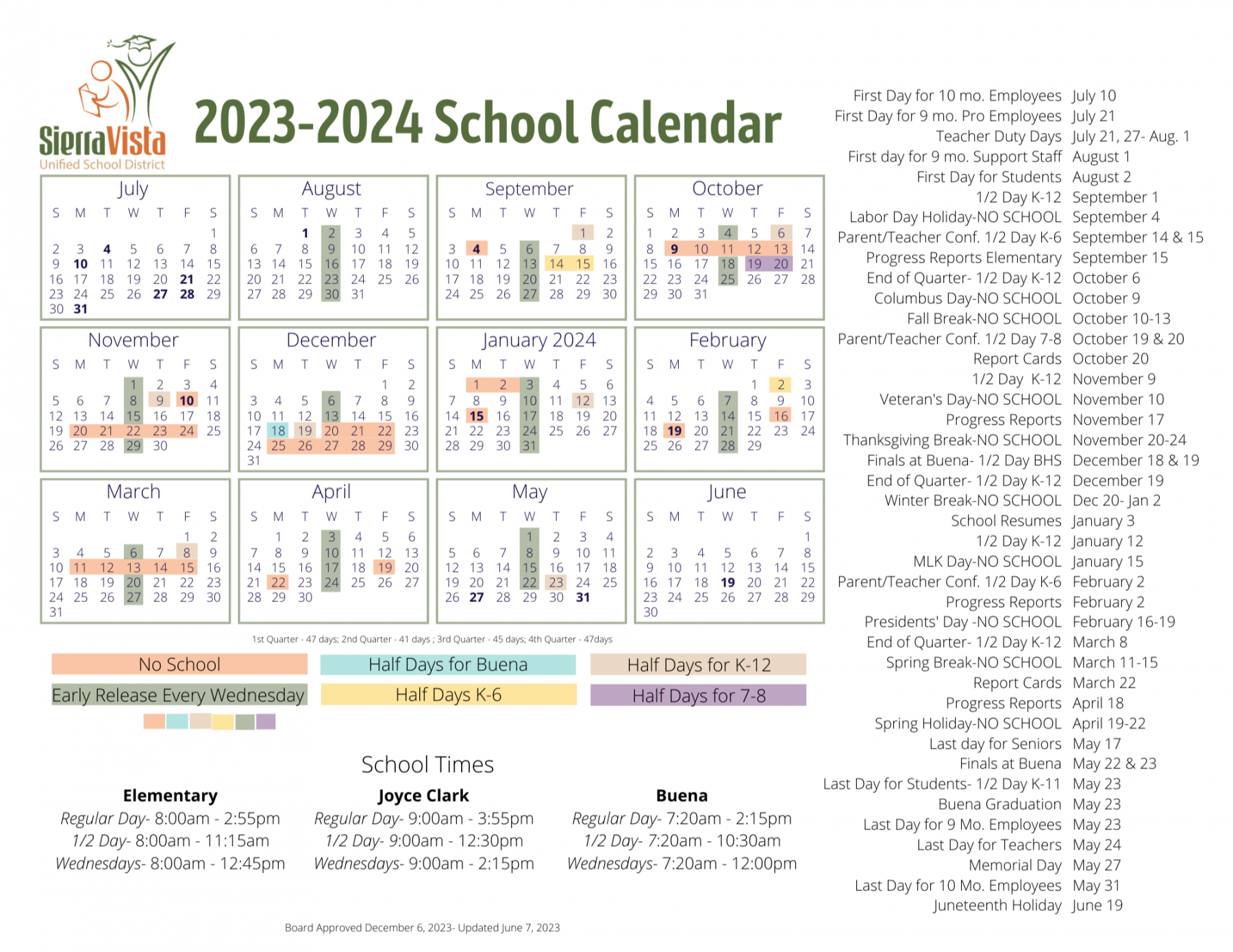 School Calendar & Times  Sierra Vista Unified School District