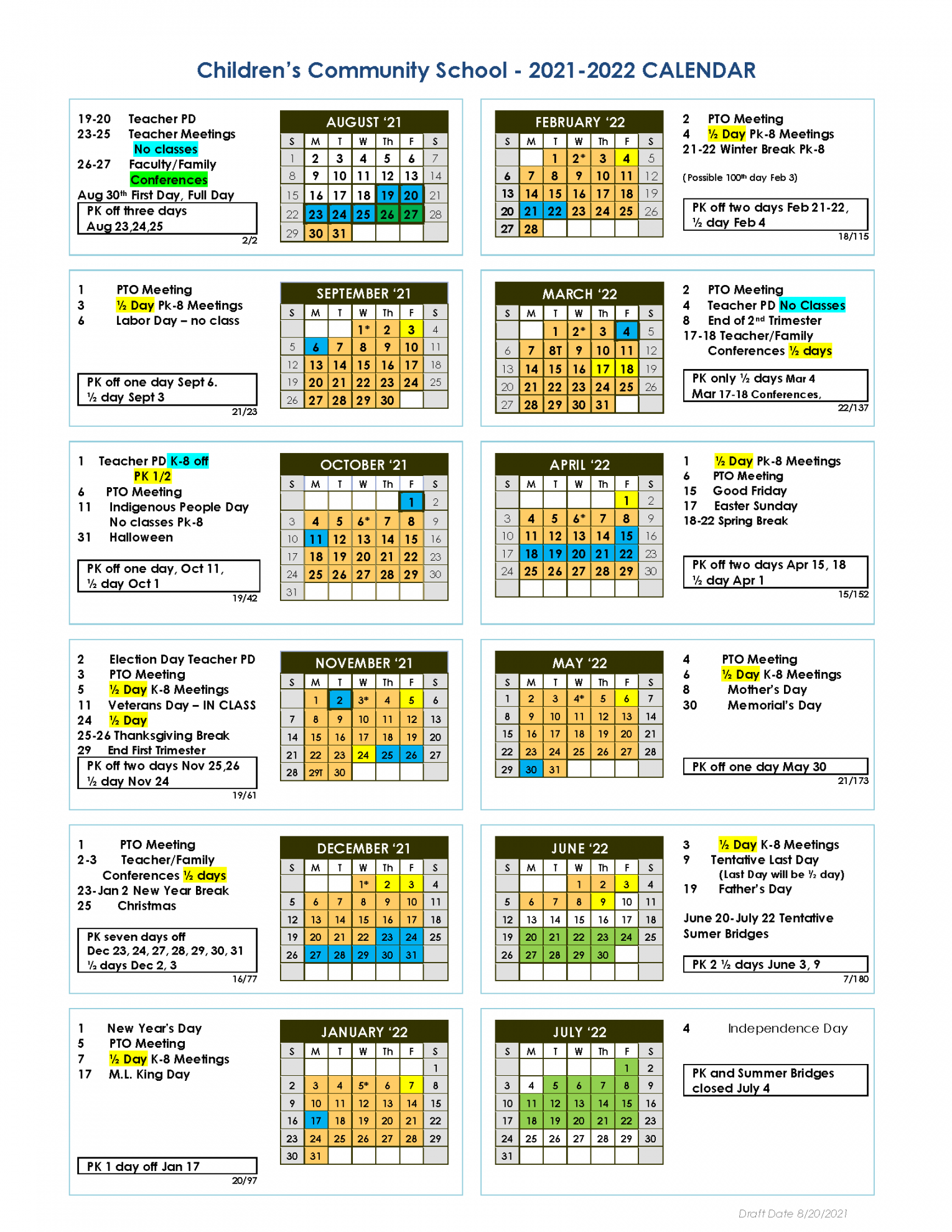 School Calendar  –  – Children