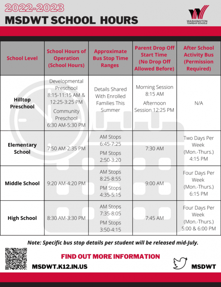 School Hours and Calendar - MSD Washington Township