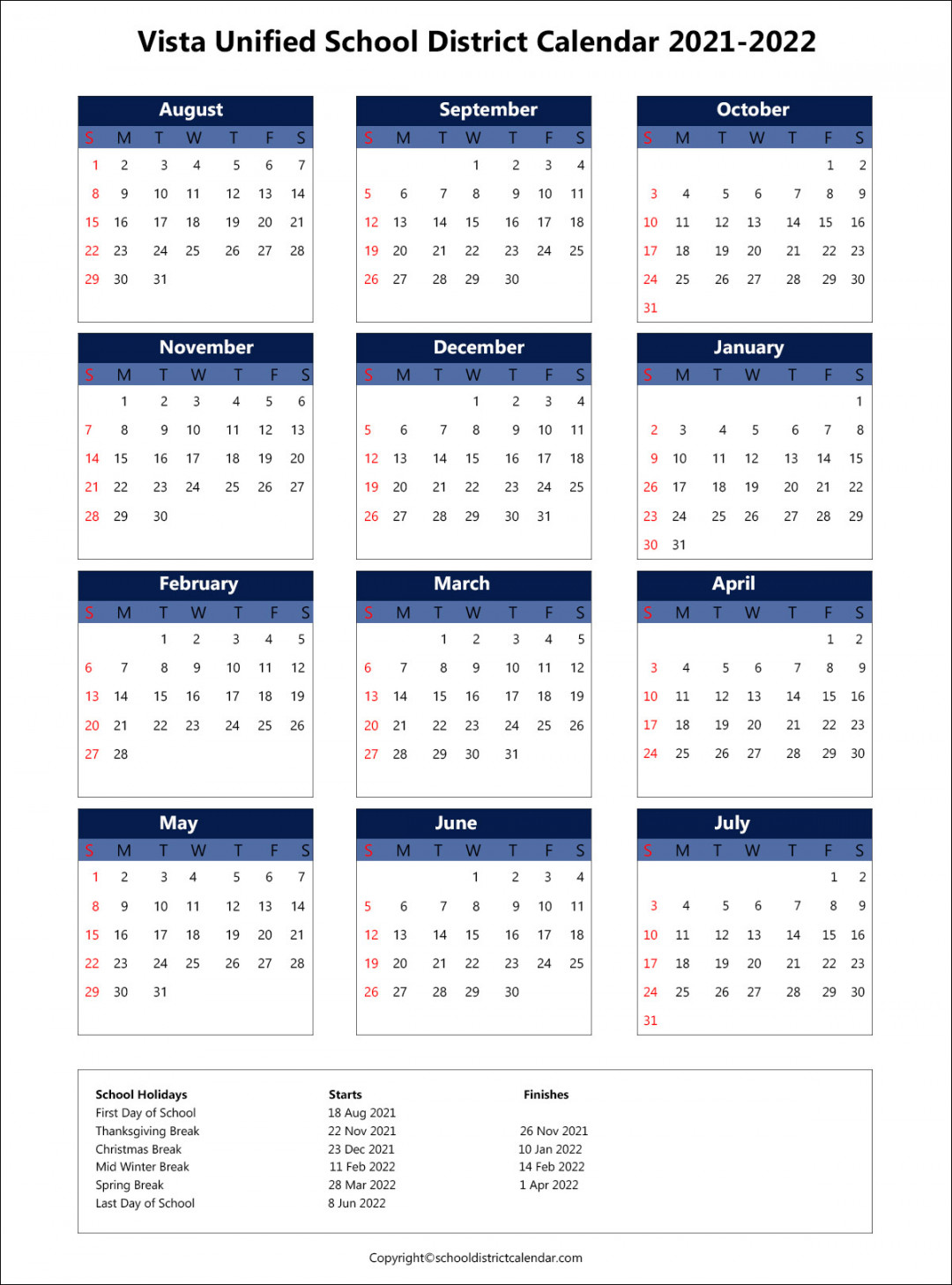 Vista Unified School District Calendar Holidays -
