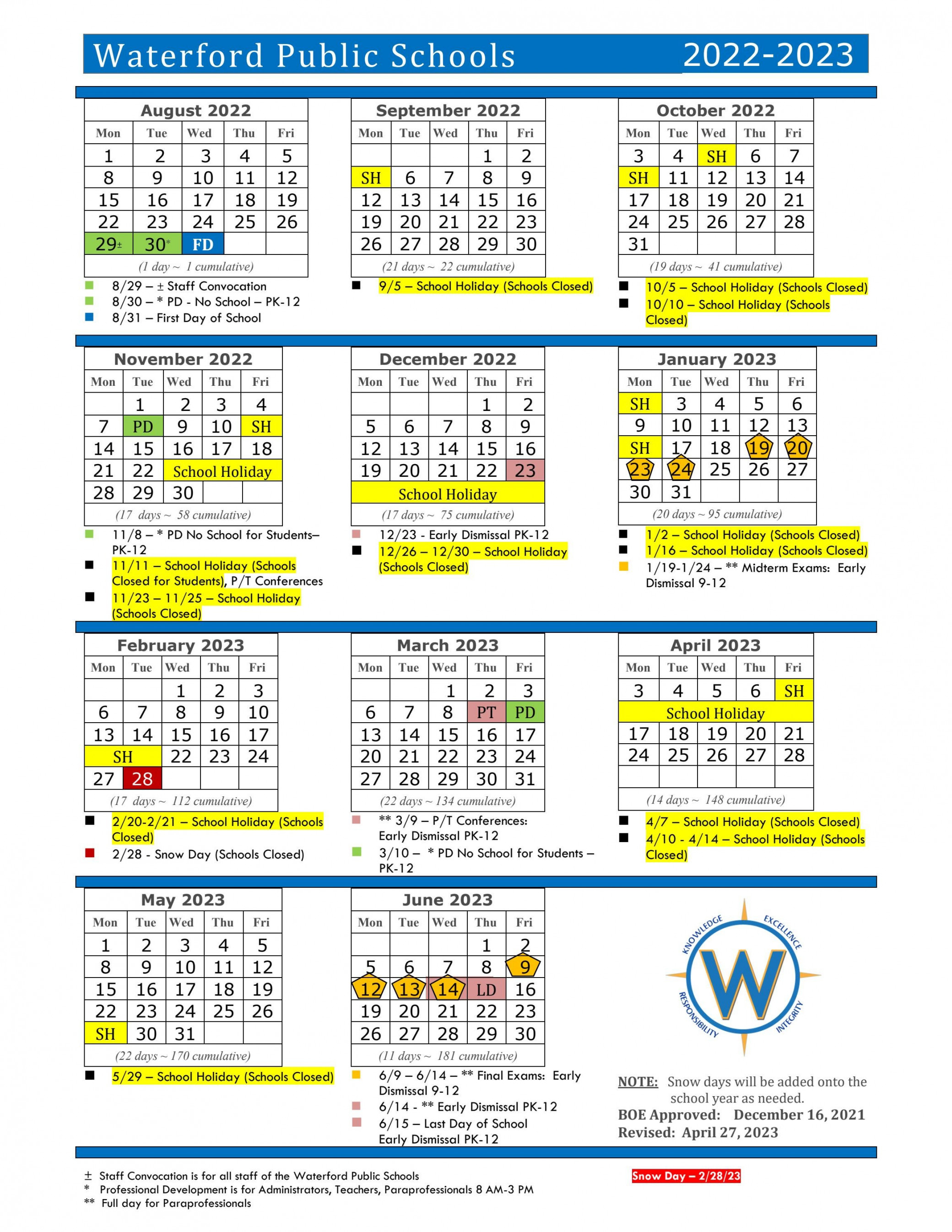Waterford Public Schools Calendar - by Waterford Public