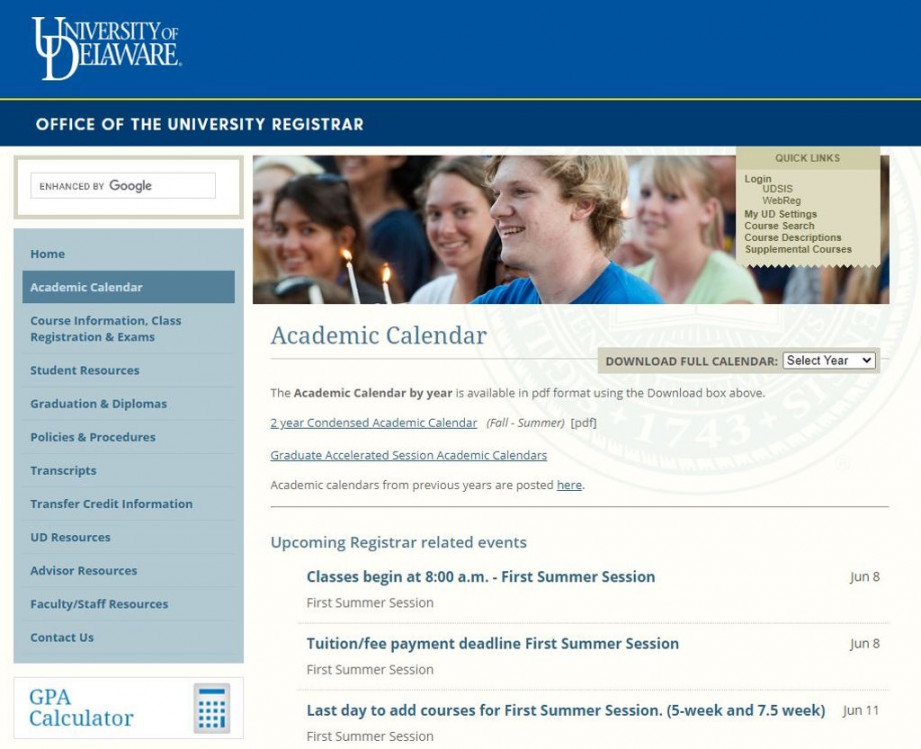 Academic Calendar (dates and deadlines)  All Campuses  My UD