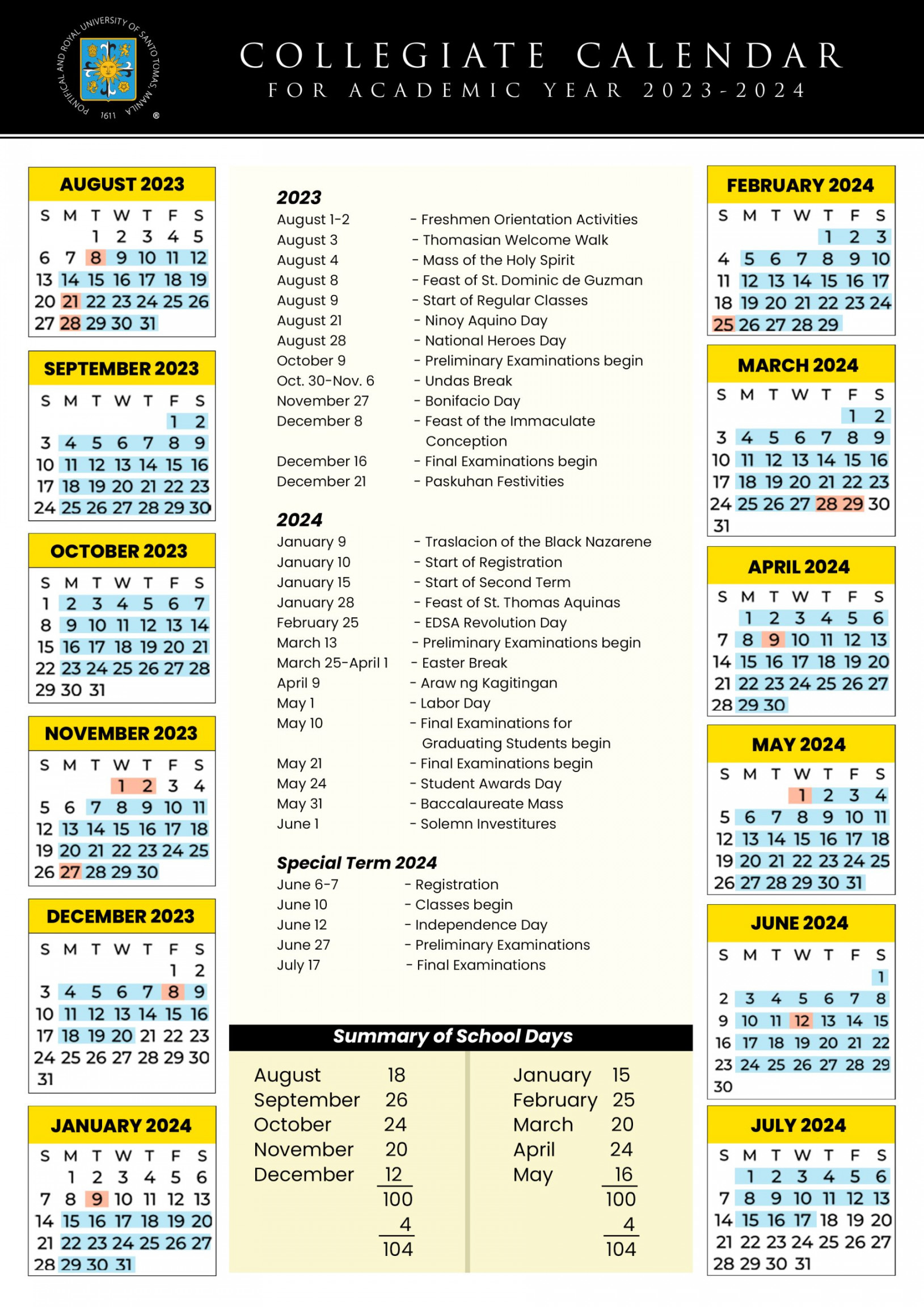 Academic Calendar - University of Santo Tomas