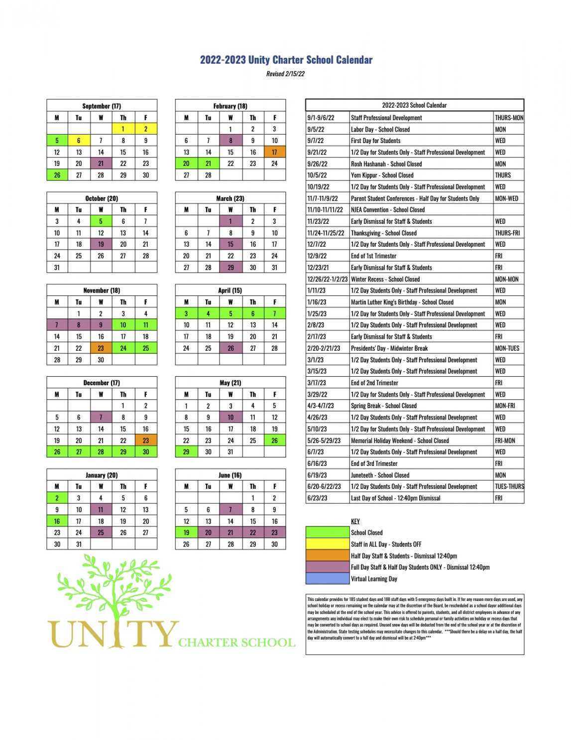 Announcing the - calendar - Unity Charter School