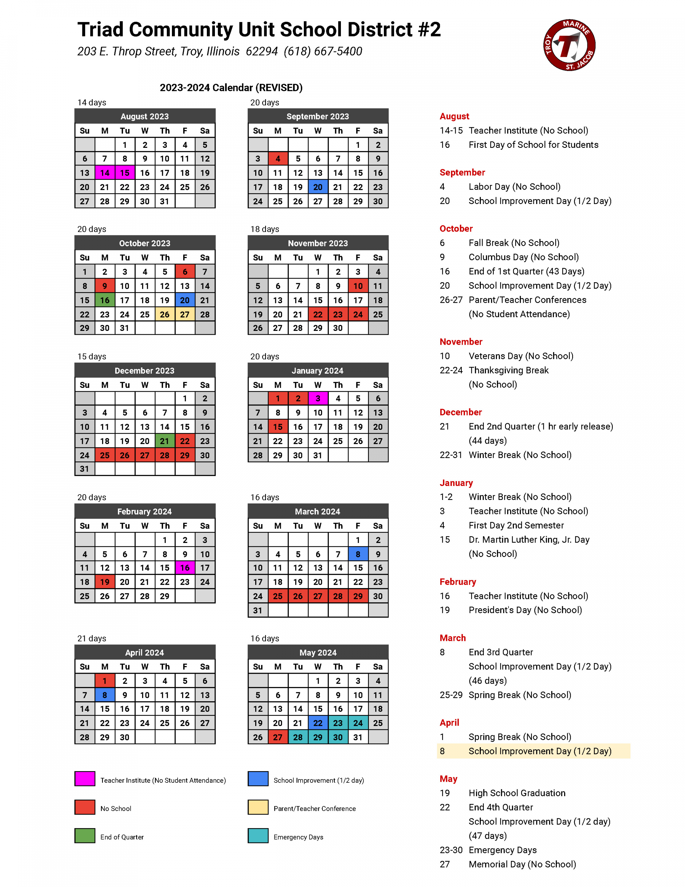 Calendar  Triad Community Unit #