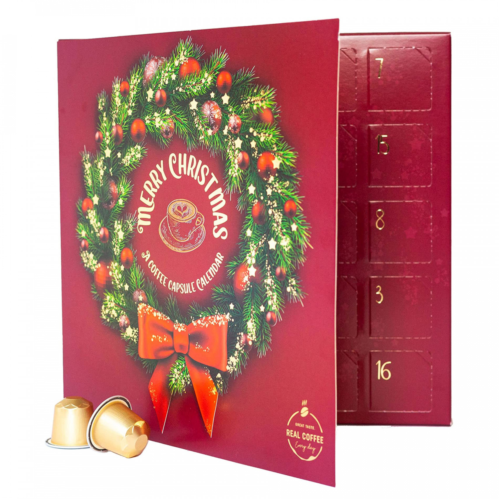 Christmas Advent Calendar with  Nespresso Compatible Pods from Real  Coffee. Recyclable Original Line Aluminium Capsules. One Capsule for Each  Day