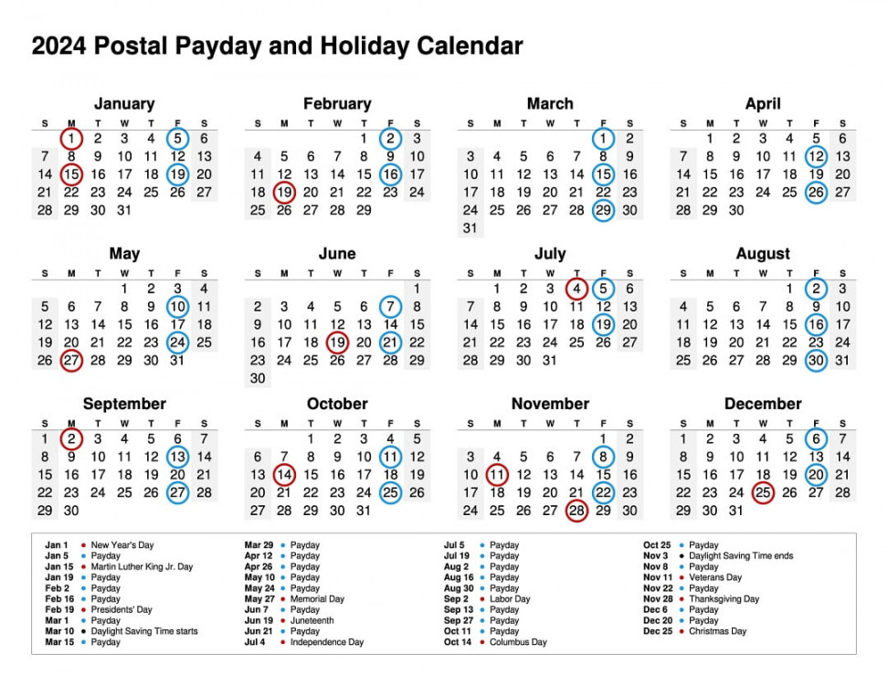 New  Printable Postal Holiday and Payday Calendar - Ruralinfo