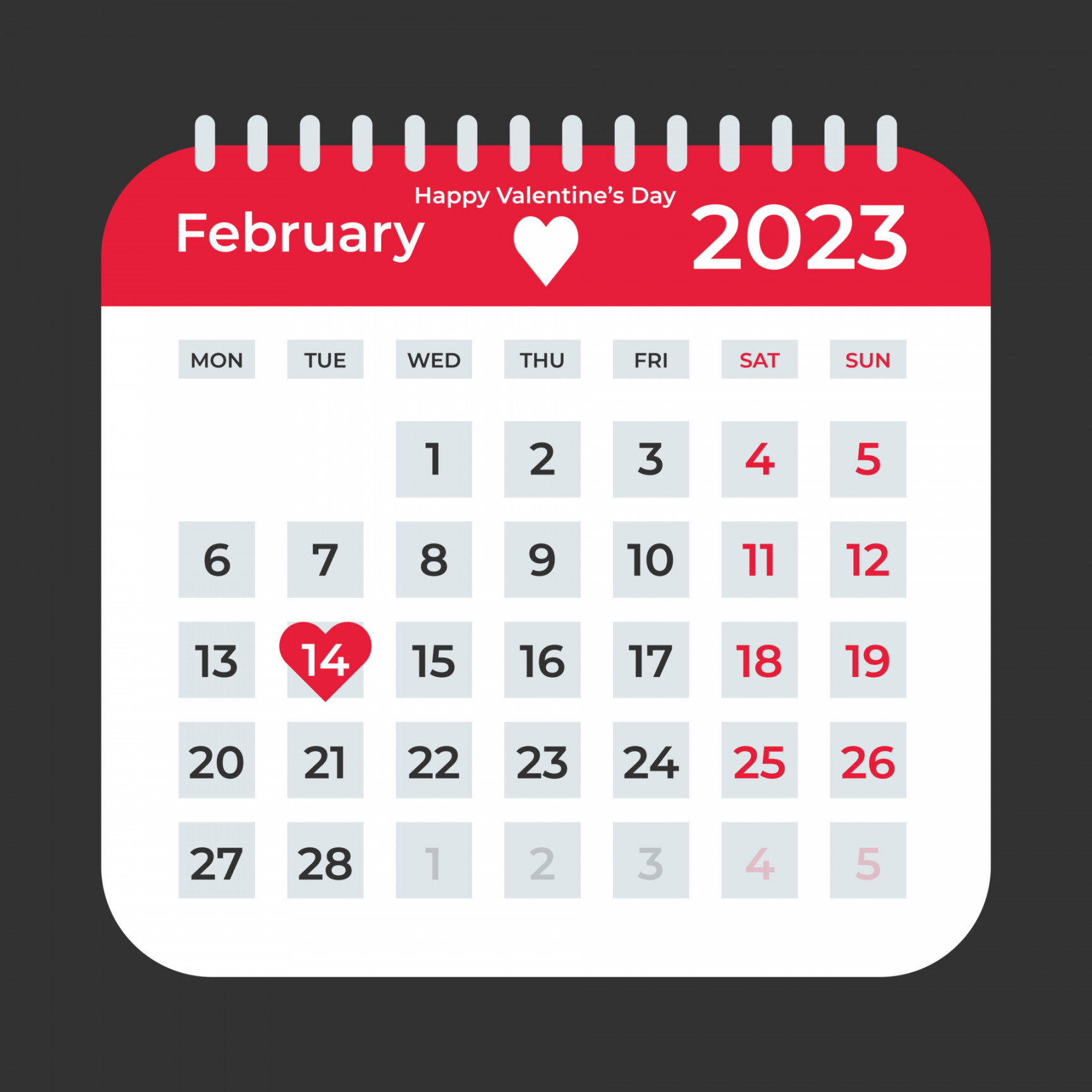 Red Heart Shape Valentines Day Calendar Design On February