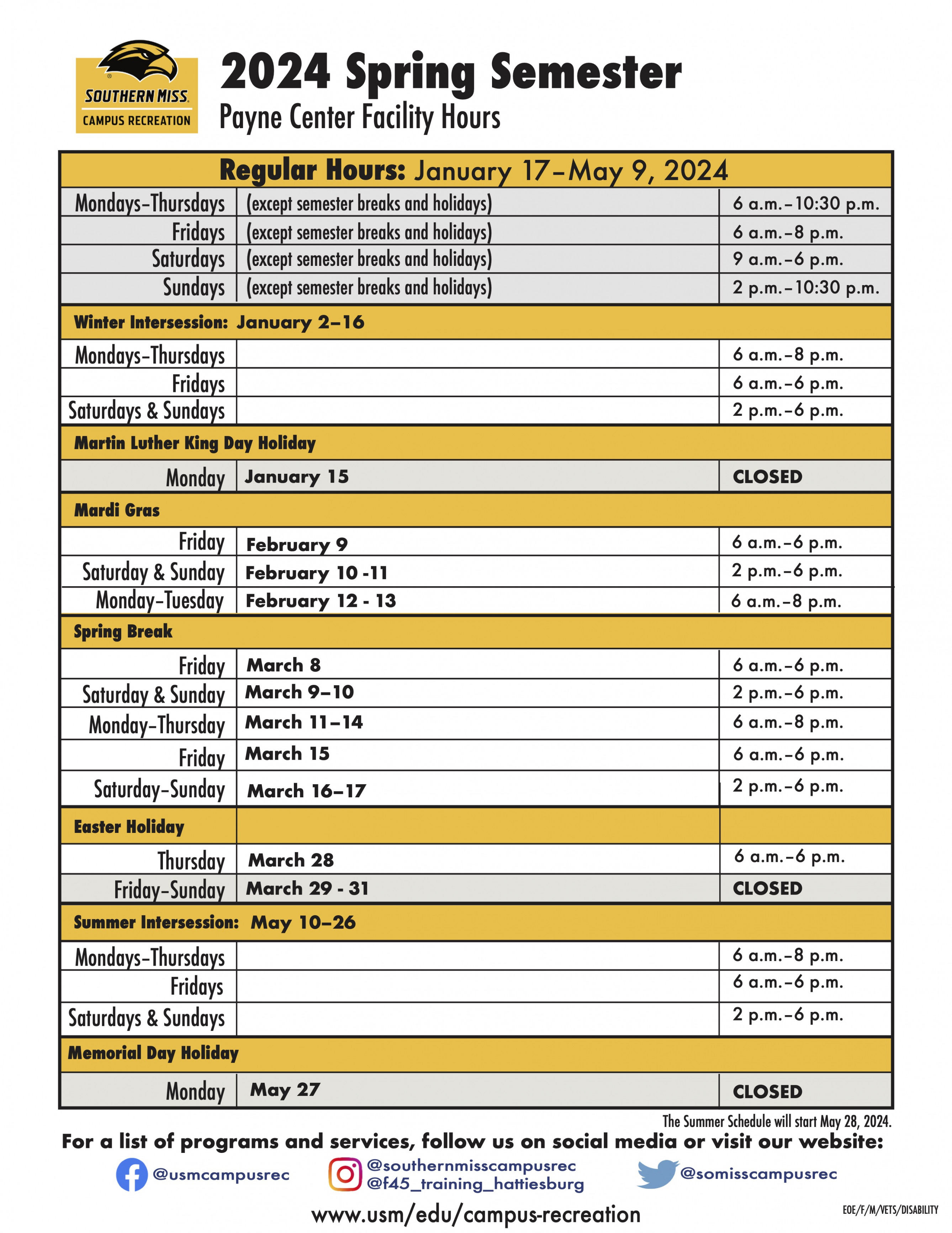 Schedules  Campus Recreation  The University of Southern Mississippi
