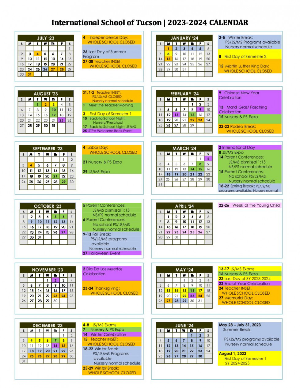 School Calendar  International school of Tucson