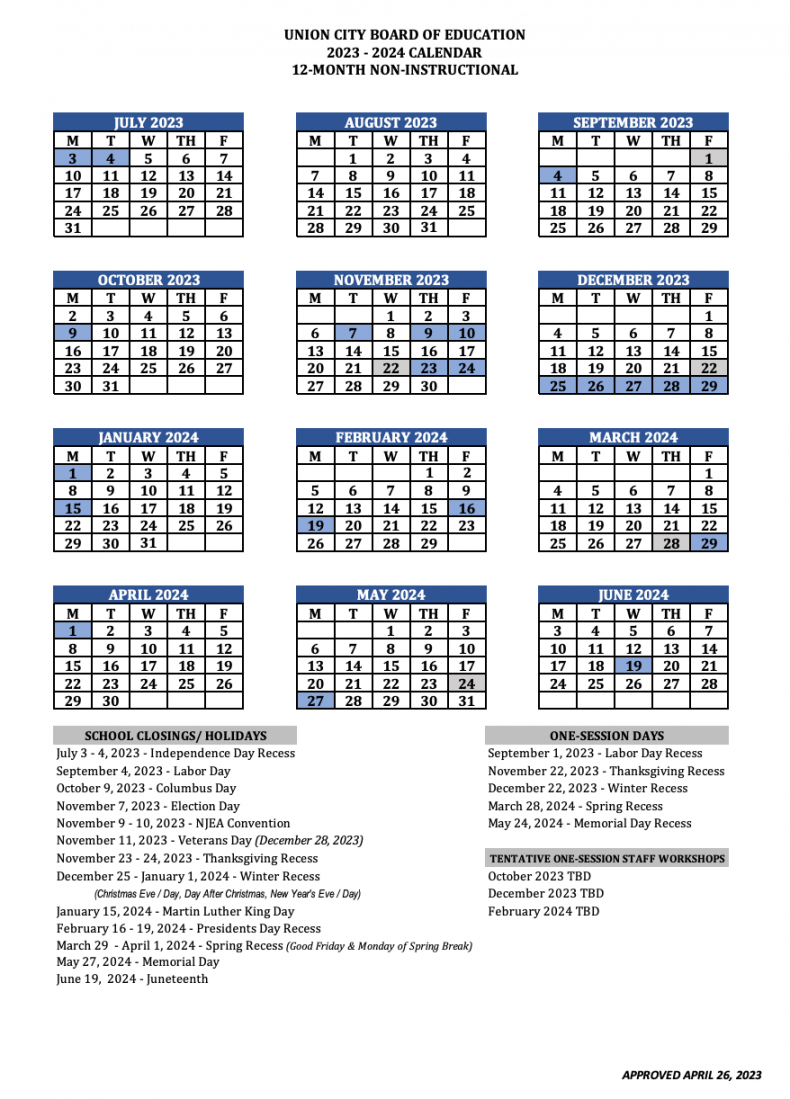 - School Calendar ( Month Non-Instructional) – Calendar