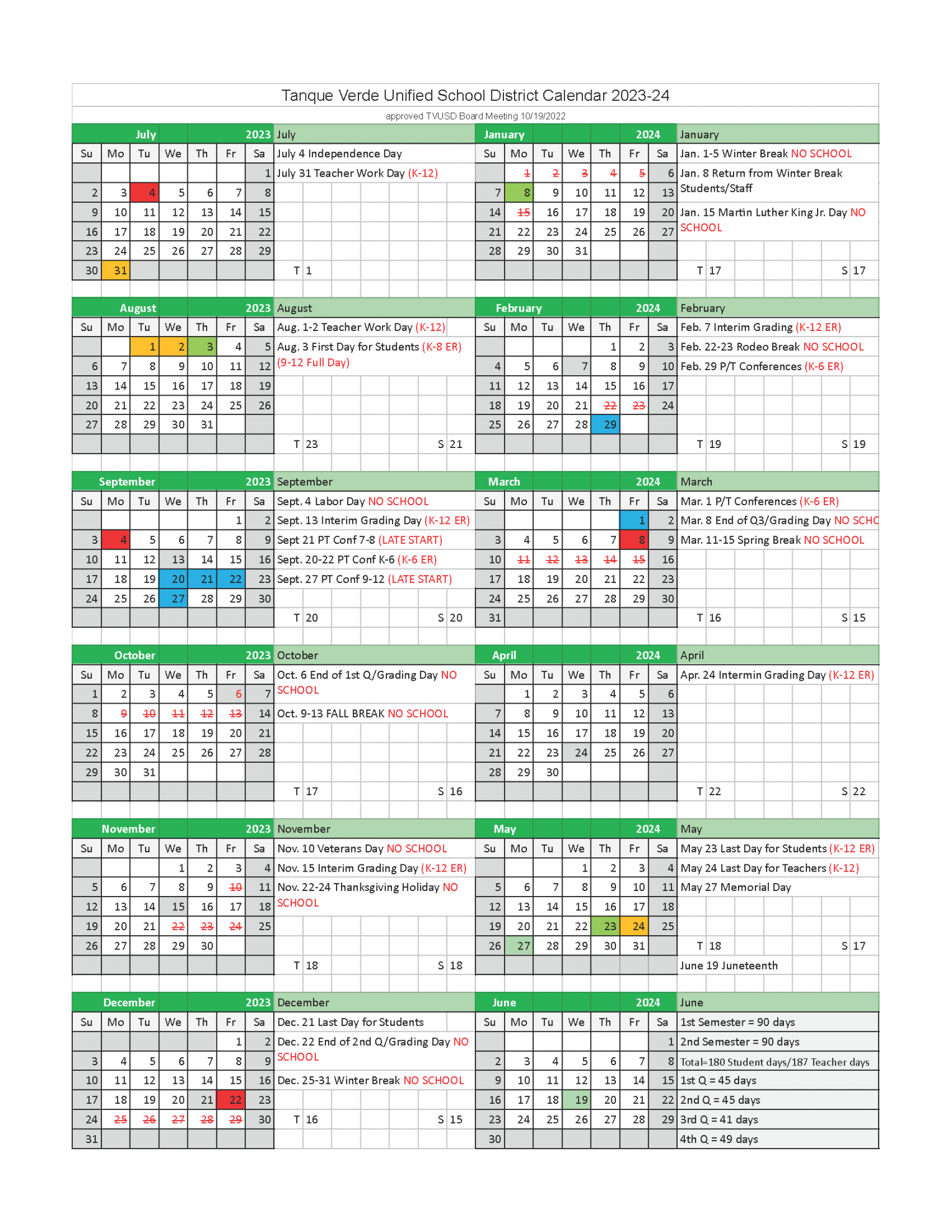 School Year Calendar - Tanque Verde Unified School District