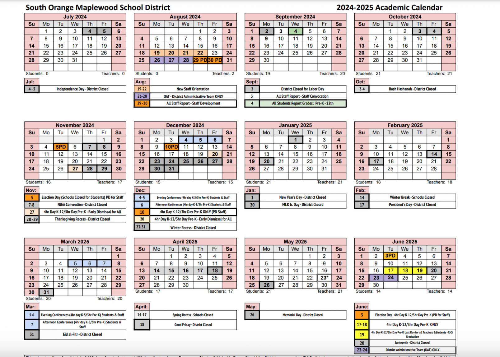 South Orange-Maplewood - School Calendar Includes Shorter