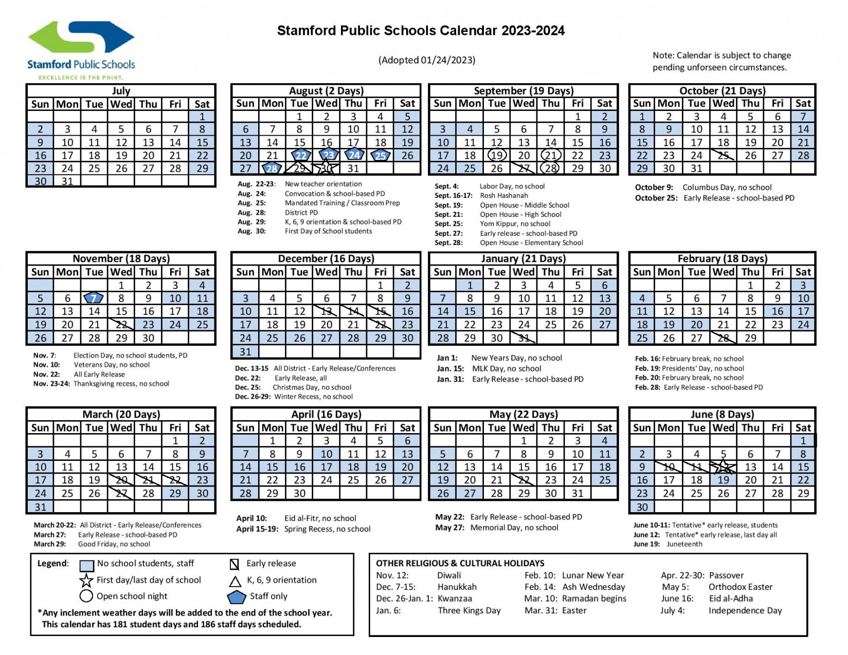 Stamford Public Schools Calendar  (Holiday Breaks)