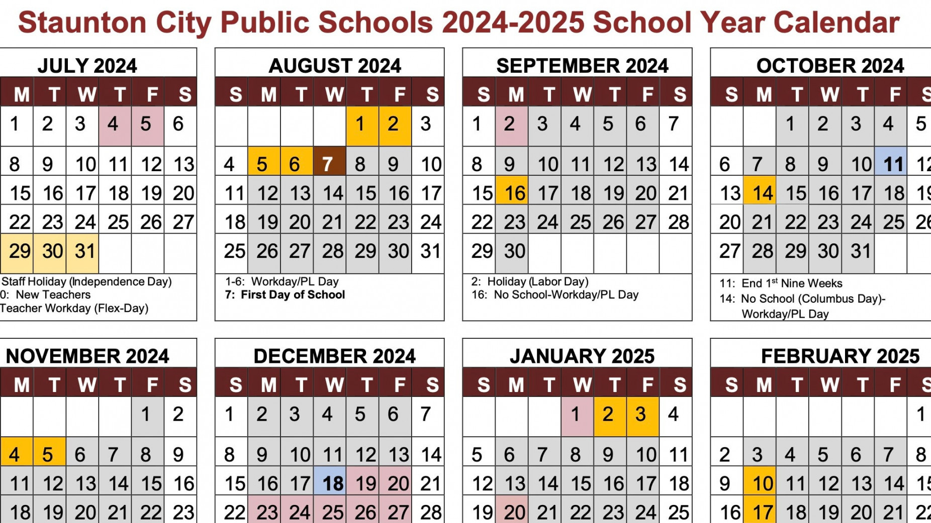 Staunton Schools calendar approved for - academic year