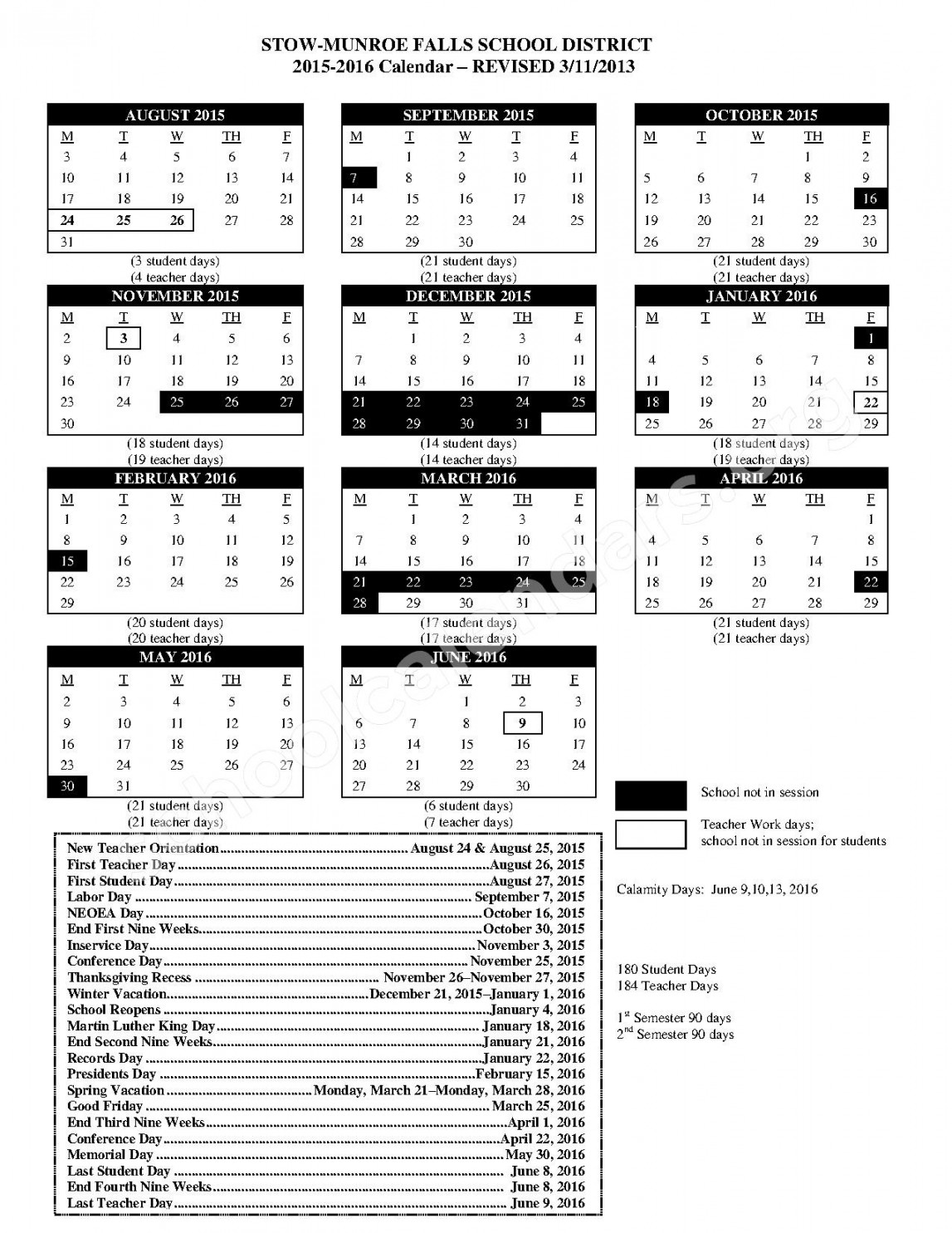 Stow Munroe Falls Calendar