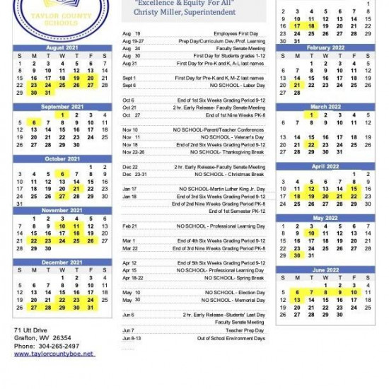 Taylor County Schools Academic Calendar -  WV News  wvnews