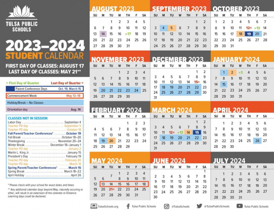 Tulsa Public School Holiday Calendar - in PDF