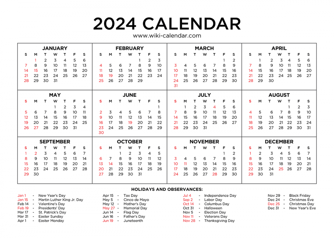 Year  Calendar Printable with Holidays - Wiki Calendar