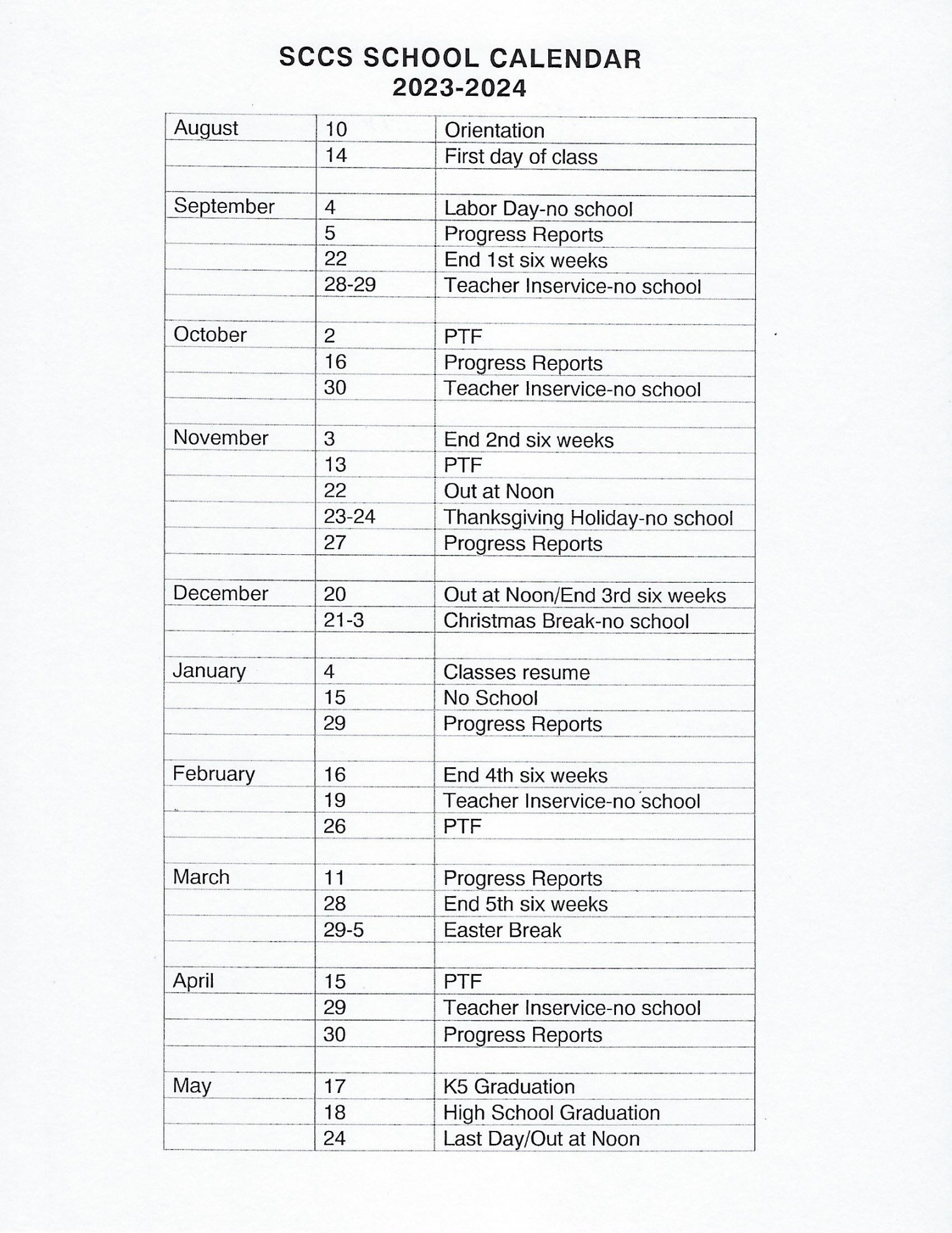 Calendars : Seymour Community Christian School
