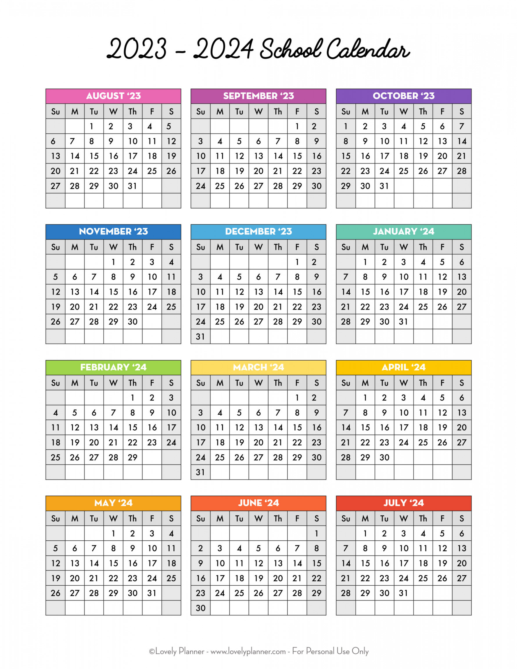 Free Printable - School Calendar - One Page Academic