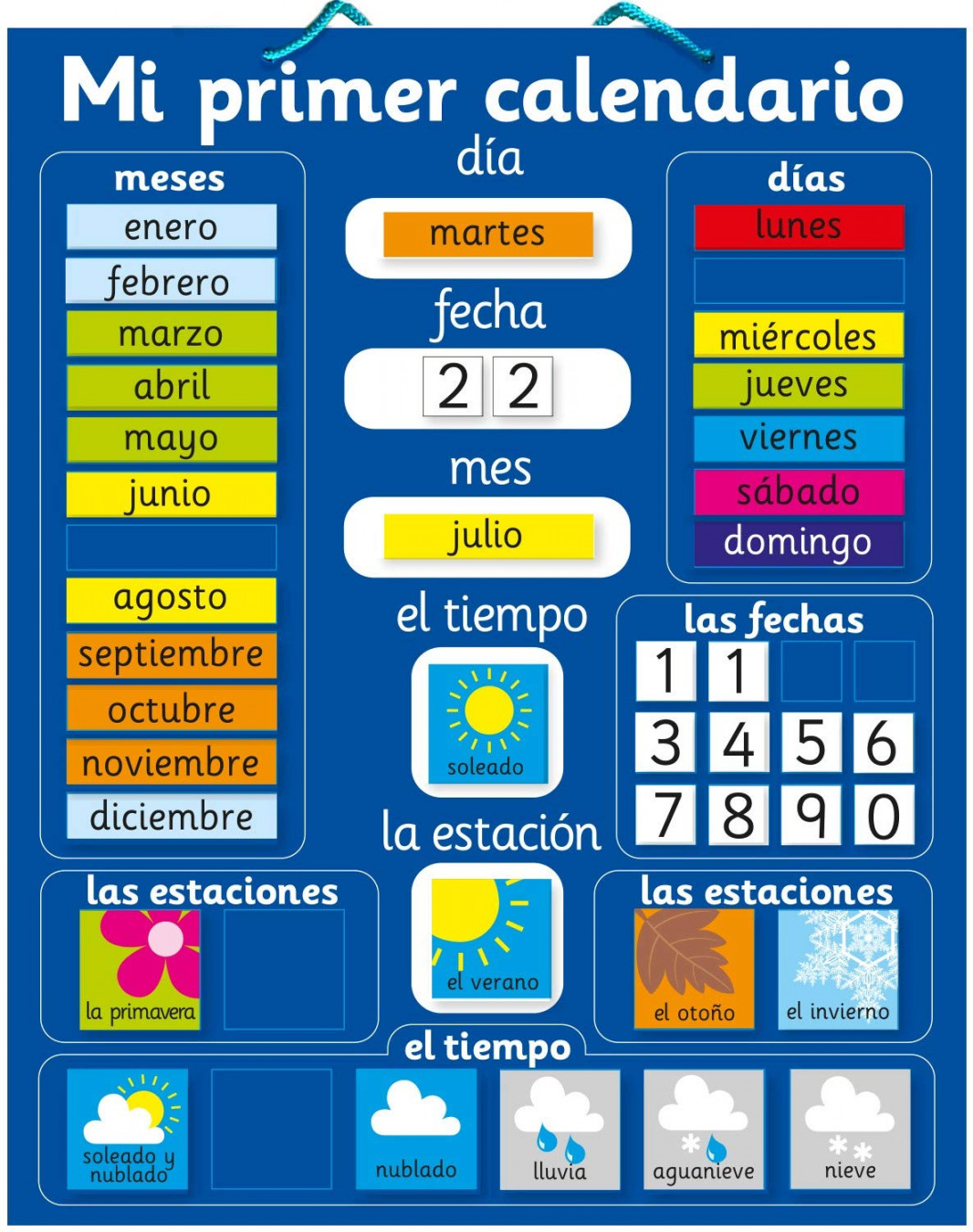 Magnetic My First Learning Calendar in Spanish. Rigid board " x ",  x  cm with hanging loop