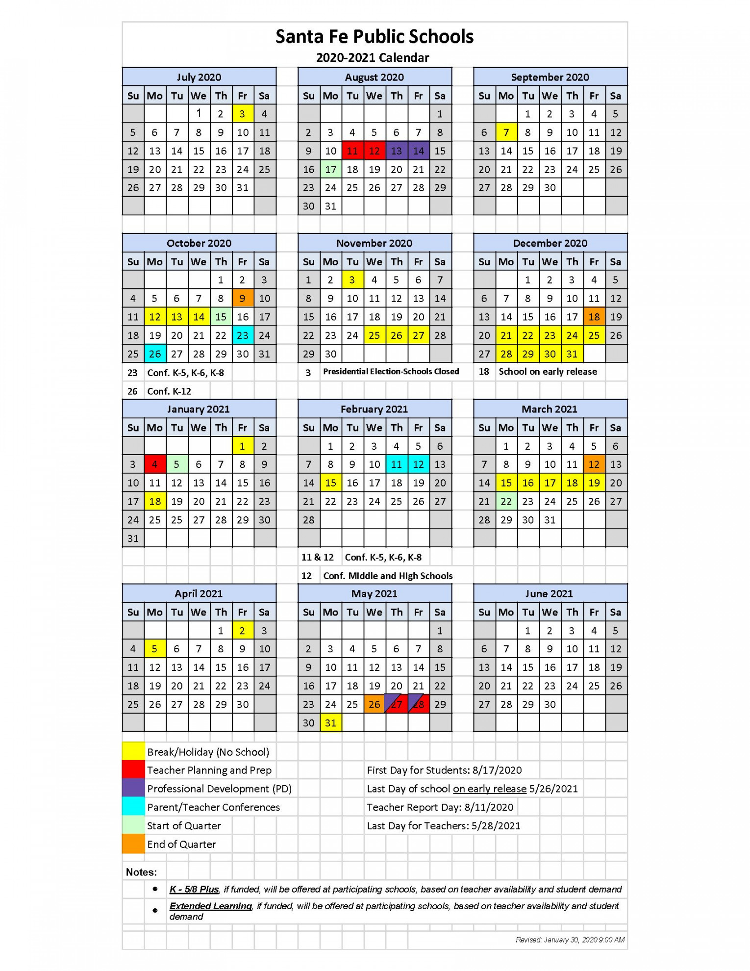 Santa Fe Public Schools Calendar  Calendar examples, Printable