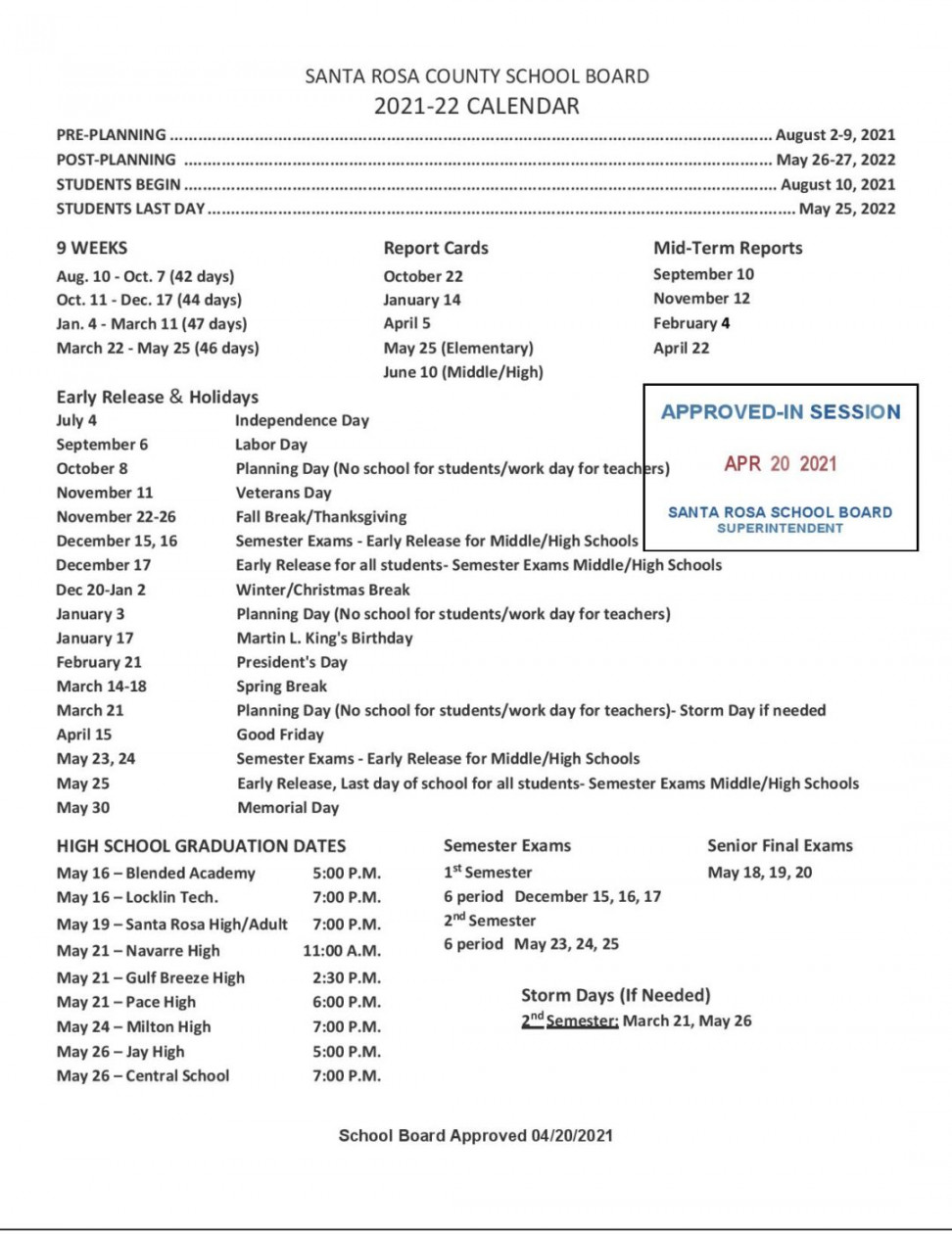 Santa Rosa County Calendar