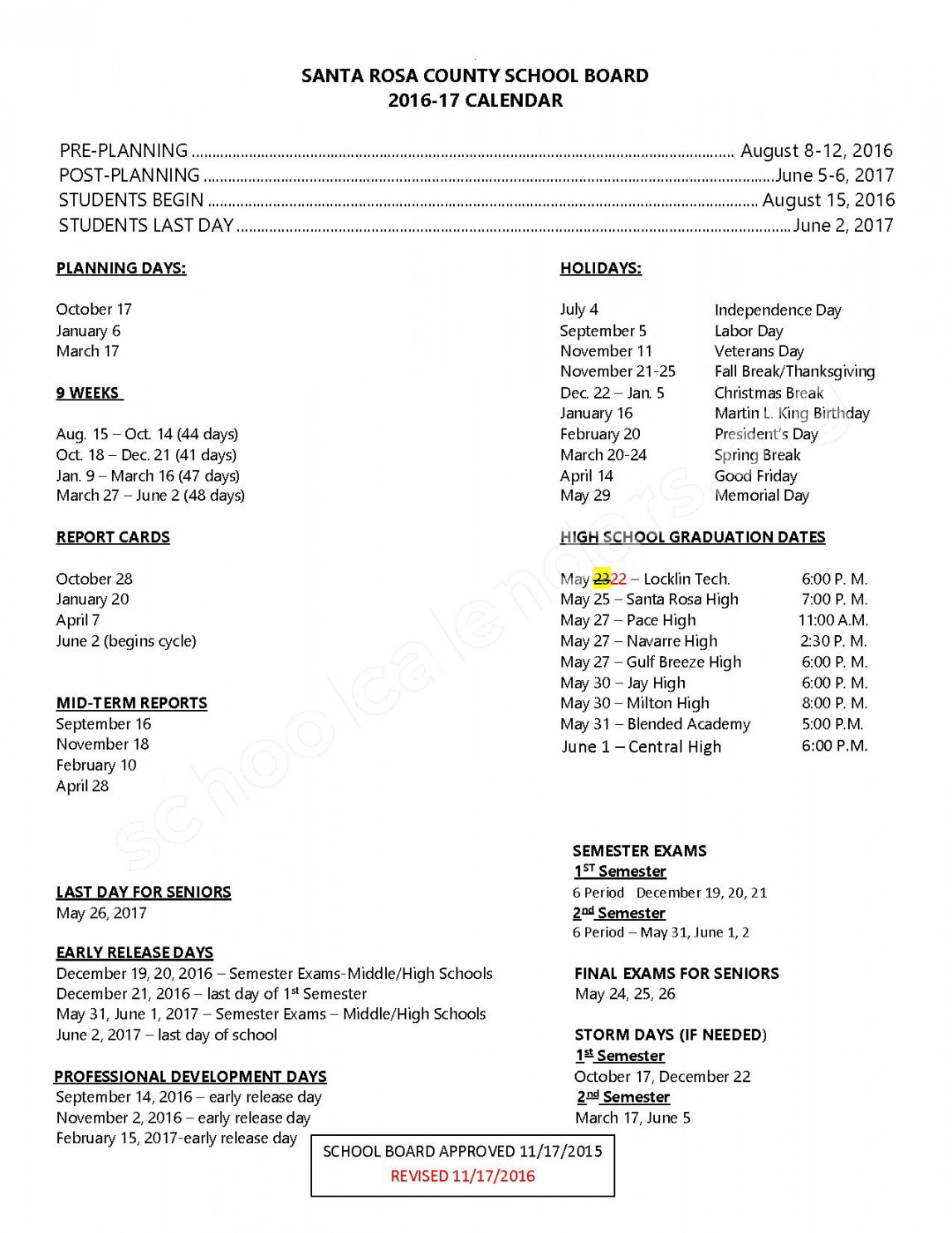 Santa Rosa County School District Calendars – Milton, FL