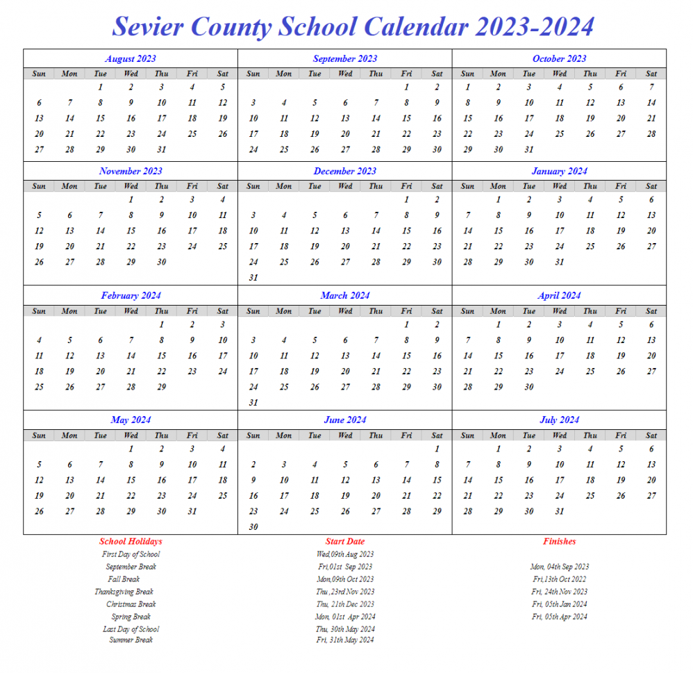 Sevier County School Calendar - & Academic Holidays